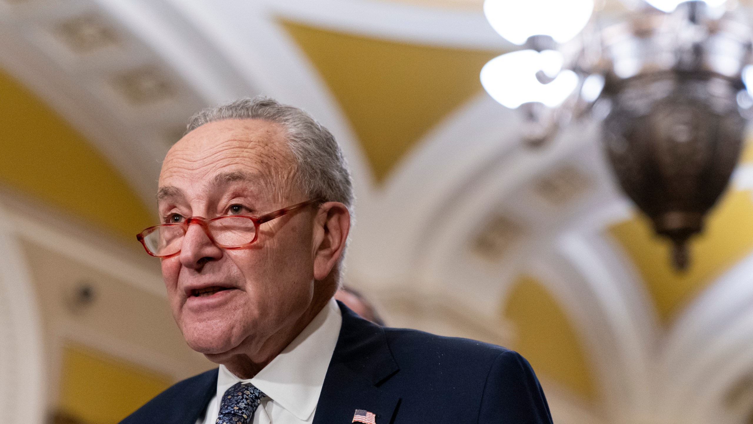 Senate Majority Leader Sen. Chuck Schumer, D-N.Y., speaks to media after a Senate Democratic policy luncheon, Tuesday, Dec. 5, 2023, on Capitol Hill in Washington. (AP Photo/Stephanie Scarbrough)