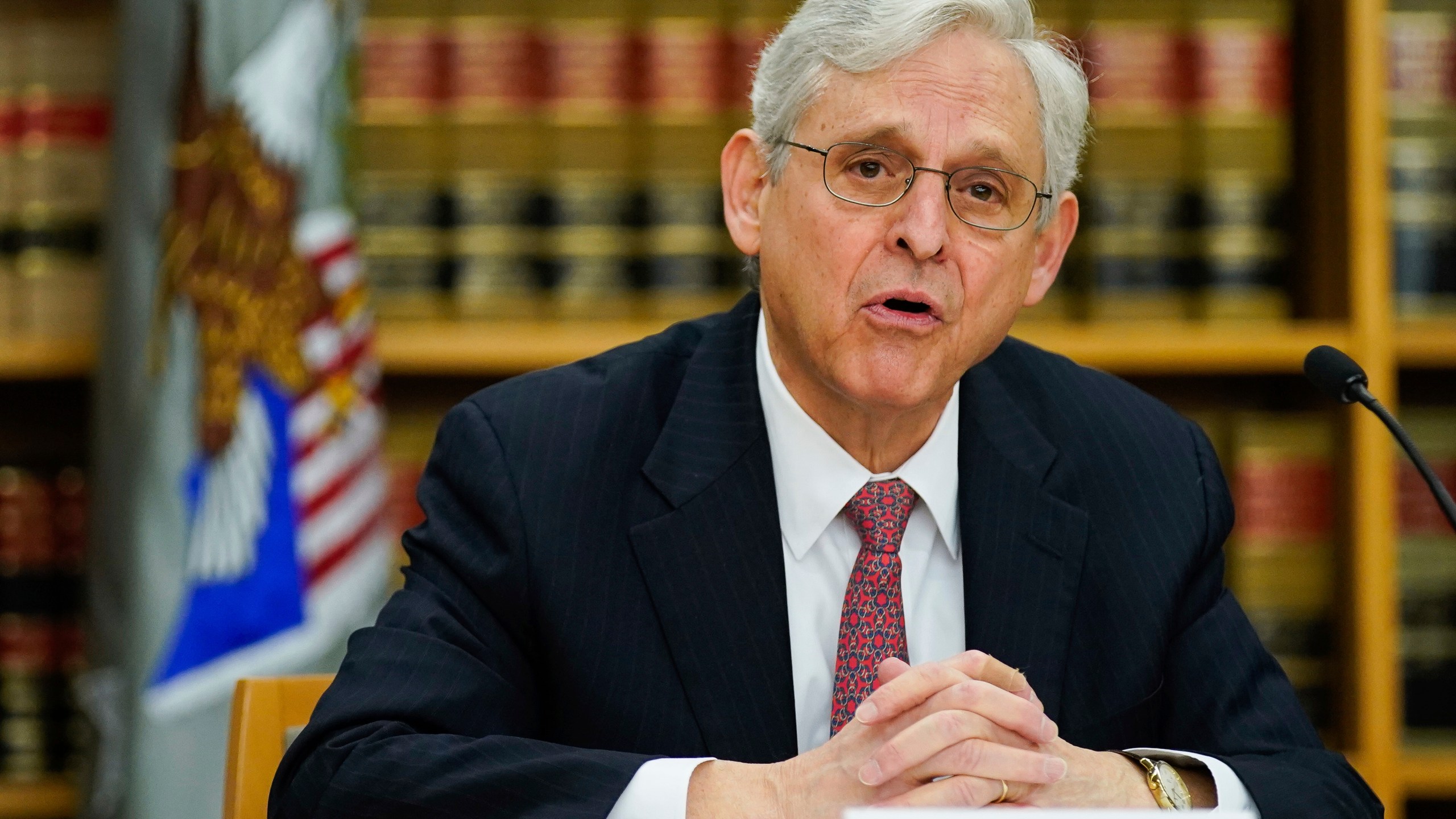 U.S. Attorney General Merrick Garland speaks as he meets with U.S. Attorney Damian Williams (not pictured), federal, state, and local law enforcement leaders in New York, Monday, Nov. 27, 2023. (Eduardo Munoz/Pool Photo via AP)