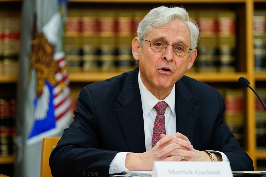 U.S. Attorney General Merrick Garland speaks as he meets with U.S. Attorney Damian Williams (not pictured), federal, state, and local law enforcement leaders in New York, Monday, Nov. 27, 2023. (Eduardo Munoz/Pool Photo via AP)