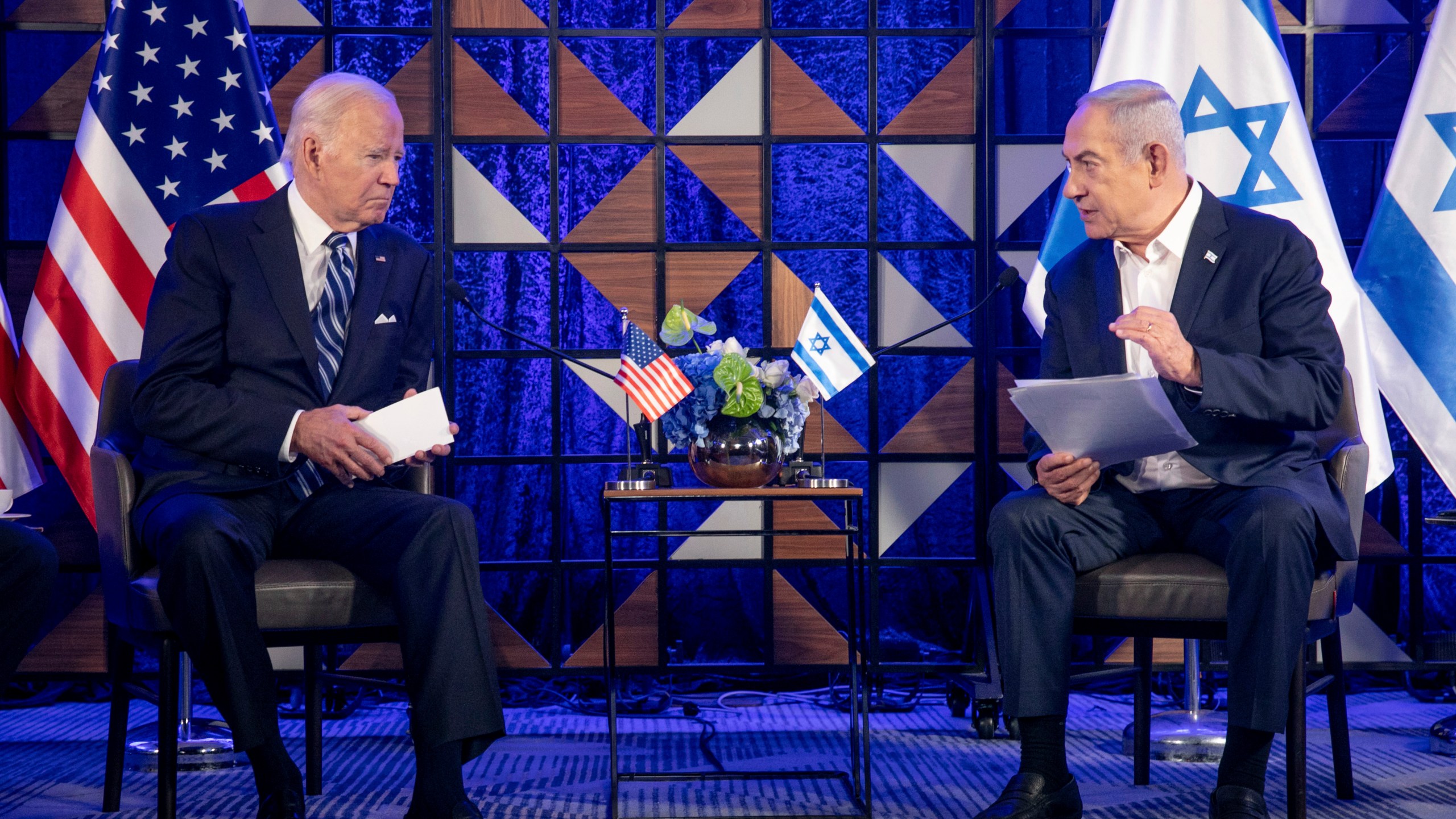 FILE - U.S. President Joe Biden, left, meets with Israeli Prime Minister Benjamin Netanyahu, right, to discuss the the war between Israel and Hamas, in Tel Aviv, Israel, on Oct. 18, 2023. The United States has offered strong support to Israel in its war against Hamas. But the allies ar increasingly at odds over what will happen to the Gaza Strip once the war winds down. (Miriam Alster/Pool Photo via AP)