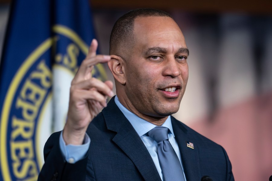 House Minority Leader Hakeem Jeffries, D-N.Y., meets with reporters during a news conference at the Capitol in Washington, Thursday, Dec. 7, 2023. The Democratic leader criticized today's Republican censure of Rep. Jamaal Bowman, D-N.Y., who triggered a fire alarm last September in one of the U.S. Capitol office buildings when the chamber was in session. (AP Photo/J. Scott Applewhite)