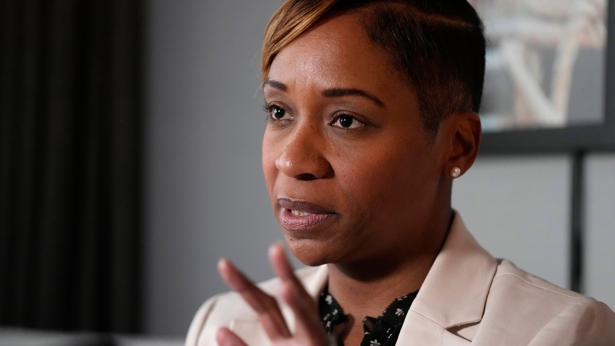 FILE - Andrea Campbell, Attorney General of Massachusetts, answers a question during an interview at the State Attorneys General Association meetings, Tuesday, Nov. 14, 2023, in Boston. Campbell has filed a lawsuit on Thursday, Dec. 7, accusing a white nationalist group of civil rights violations, saying it repeatedly subjected LGBTQ+ events and facilities sheltering migrant families to intimidation and harassment. (AP Photo/Charles Krupa, File)