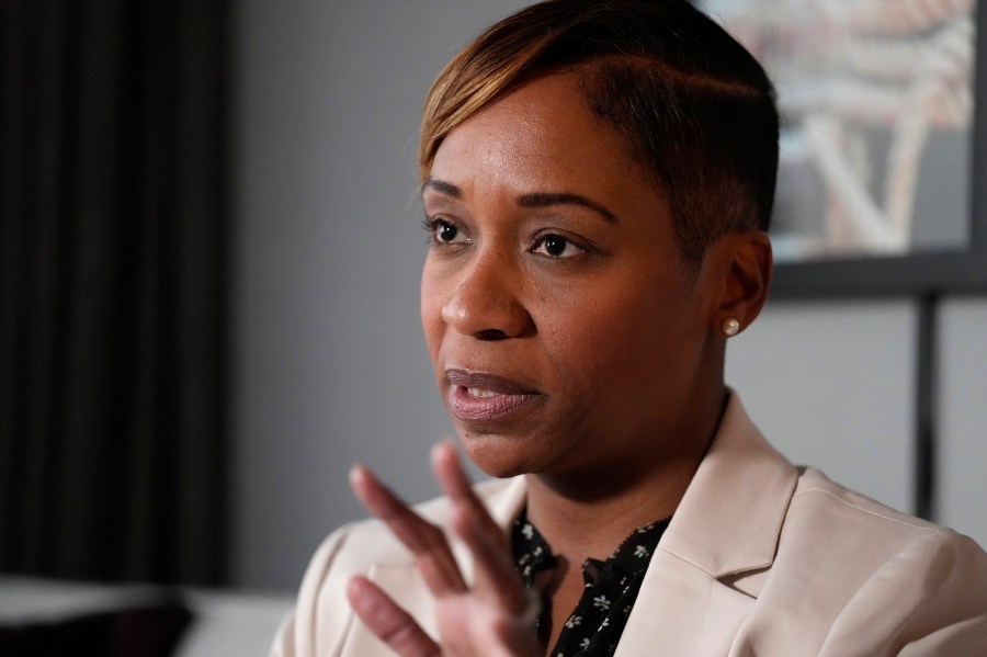 FILE - Andrea Campbell, Attorney General of Massachusetts, answers a question during an interview at the State Attorneys General Association meetings, Tuesday, Nov. 14, 2023, in Boston. Campbell has filed a lawsuit on Thursday, Dec. 7, accusing a white nationalist group of civil rights violations, saying it repeatedly subjected LGBTQ+ events and facilities sheltering migrant families to intimidation and harassment. (AP Photo/Charles Krupa, File)