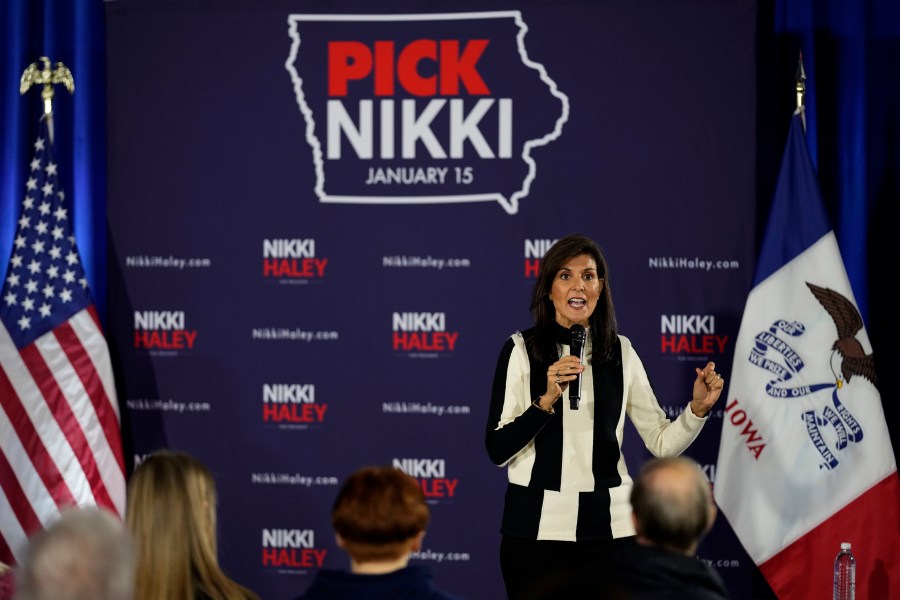 Republican presidential candidate Nikki Haley speaks during a town hall, Friday, Dec. 8, 2023, in Sioux City, Iowa. (AP Photo/Charlie Neibergall)