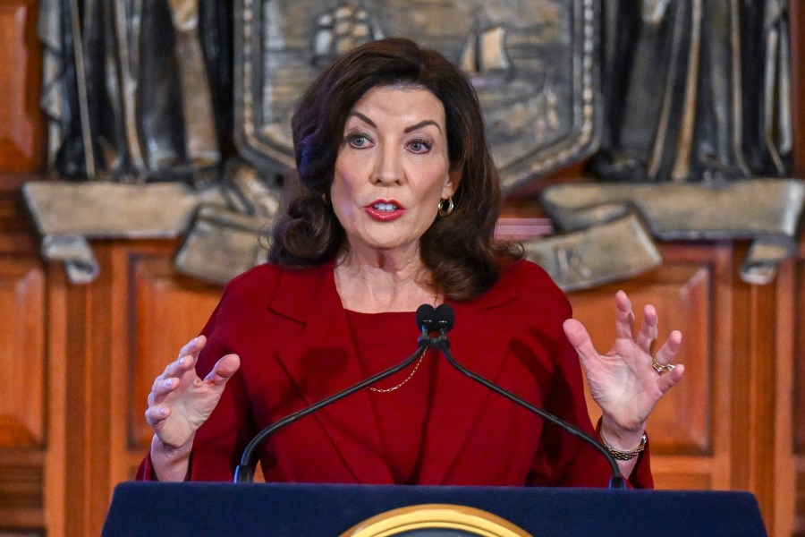 FILE - New York Gov. Kathy Hochul speaks at the state Capitol, Feb. 1, 2023, in Albany, N.Y. On Saturday, Dec. 9, 2023, Hochul called on the state's colleges and universities to swiftly address cases of antisemitism and what she described as any “calls for genocide” on campus. (AP Photo/Hans Pennink, File)