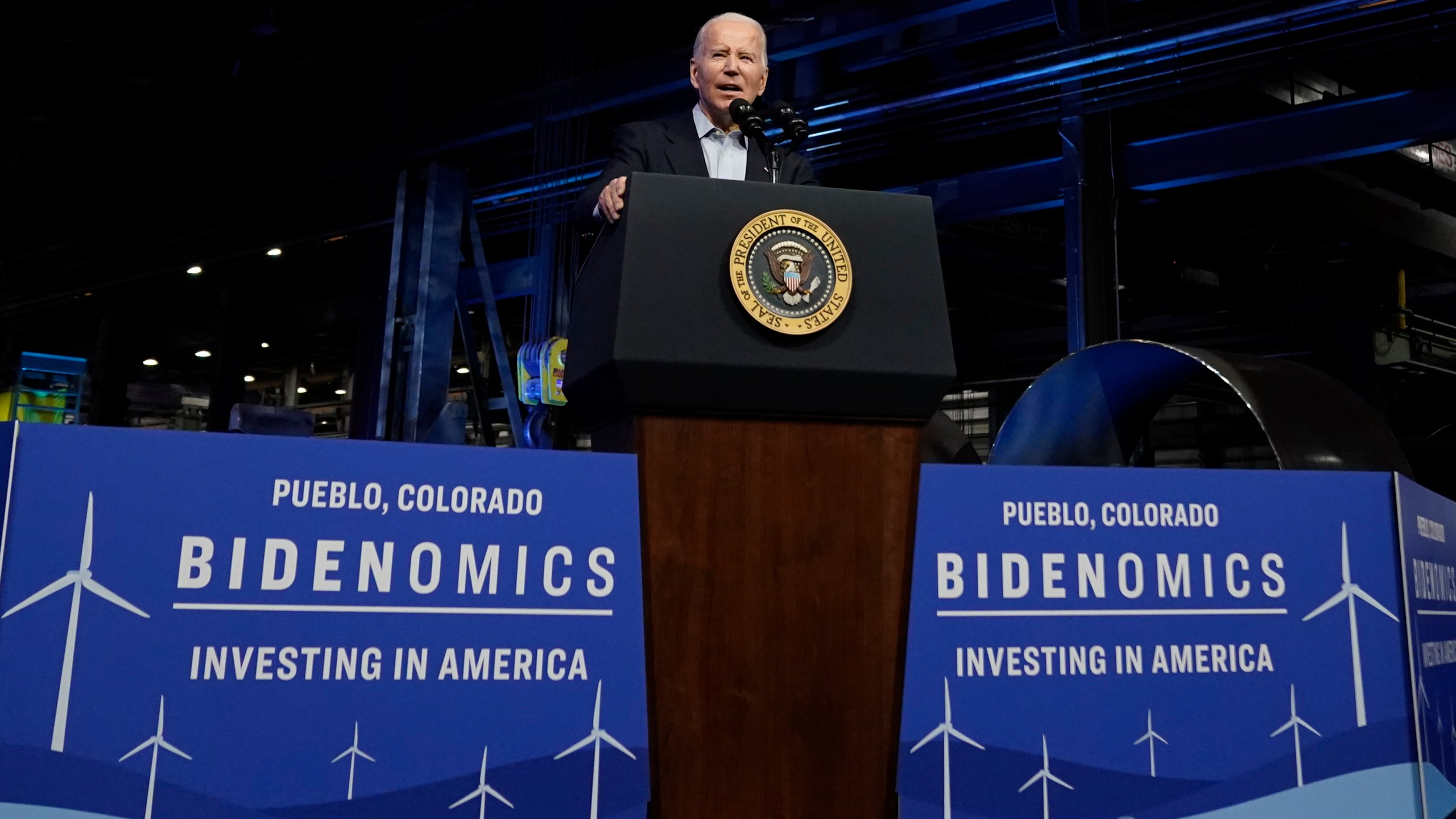 FILE - President Joe Biden speaks about investing in clean energy manufacturing at CS Wind, the largest wind tower manufacturer in the world, Wednesday, Nov. 29, 2023, in Pueblo, Colo. Biden goes into next year's election with a vexing challenge: Just as the U.S. economy is getting stronger, people are still feeling horrible about it. Pollsters and economists say there has never been as wide a gap between the underlying health of the economy and public perception. (AP Photo/Andrew Harnik, File)