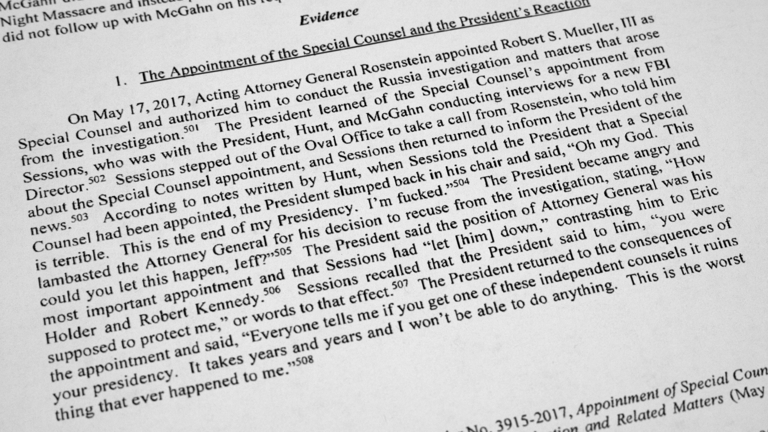 FILE - This portion of special counsel Robert Mueller's report on the investigation into Russian interference in the 2016 presidential election, released in Washington, and photographed on April 18, 2019, describes Mueller's appointment and President Donald Trump's reaction to it. Federal prosecutors and lawyers for Donald Trump have signaled their desire to invoke the 2016 election in the former president's trial on charges of scheming to overturn the results of the 2020 presidential election. (AP Photo/Jon Elswick, File)