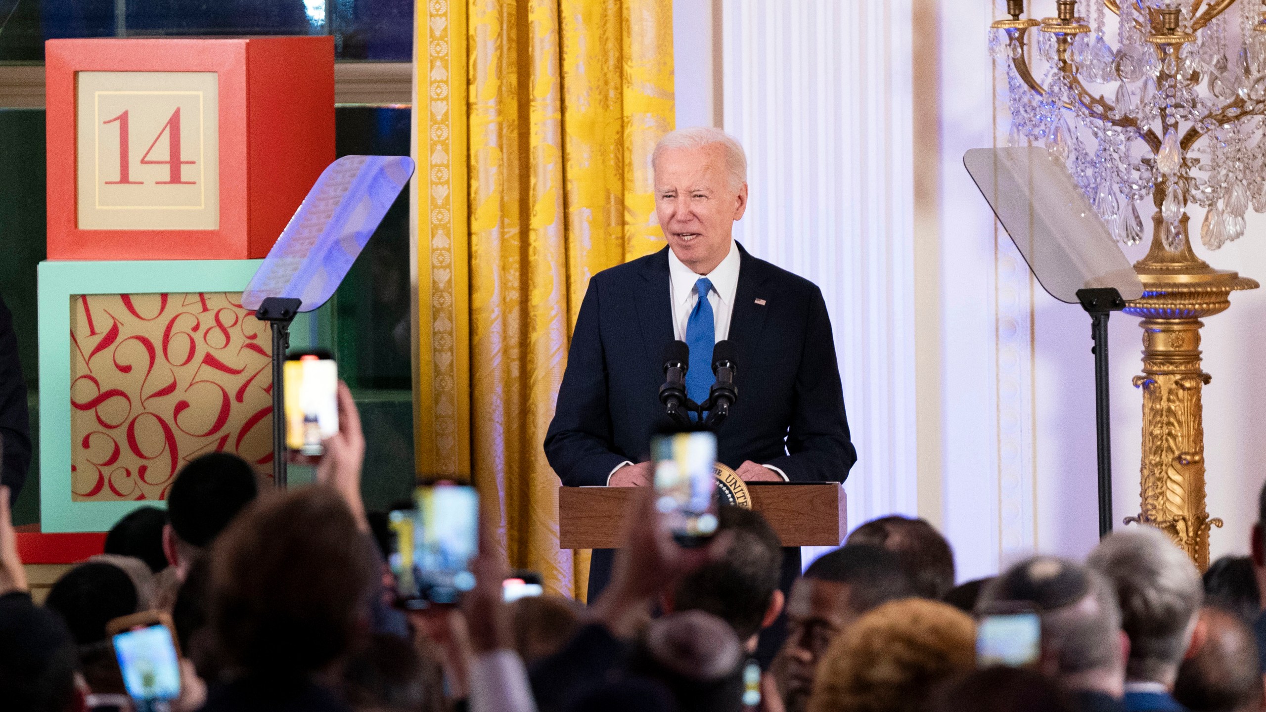 President Joe Biden speaks at a Hanukkah reception in the East Room of the White House in Washington, Monday, Dec. 11, 2023.(Bonnie Cash/Pool via AP)