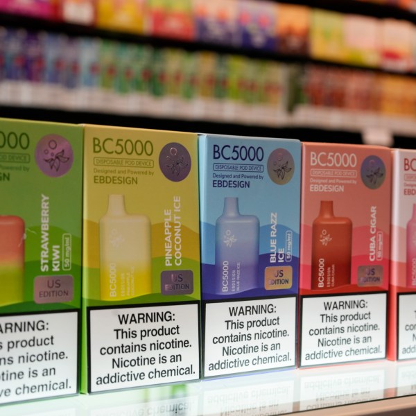 FILE - Varieties of disposable flavored electronic cigarette devices manufactured by EB Design, formerly known as Elf Bar, are displayed at a store in Pinecrest, Fla., Monday, June 26, 2023. On Thursday, Dec. 14, 2023, U.S. officials announced they have recently seized more than 1.4 million illegal e-cigarettes from the Chinese manufacturer behind Elf Bar, a line of fruity disposable vapes that has become the top brand among underage American teens. (AP Photo/Rebecca Blackwell, File)