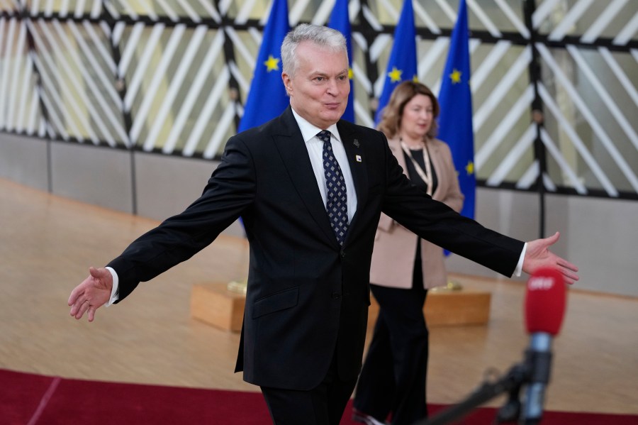 Lithuania's President Gitanas Nauseda arrives for an EU summit at the European Council building in Brussels, Thursday, Dec. 14, 2023. European Union leaders, in a two-day summit will discuss the latest developments in Russia's war of aggression against Ukraine and continued EU support for Ukraine and its people. (AP Photo/Virginia Mayo)