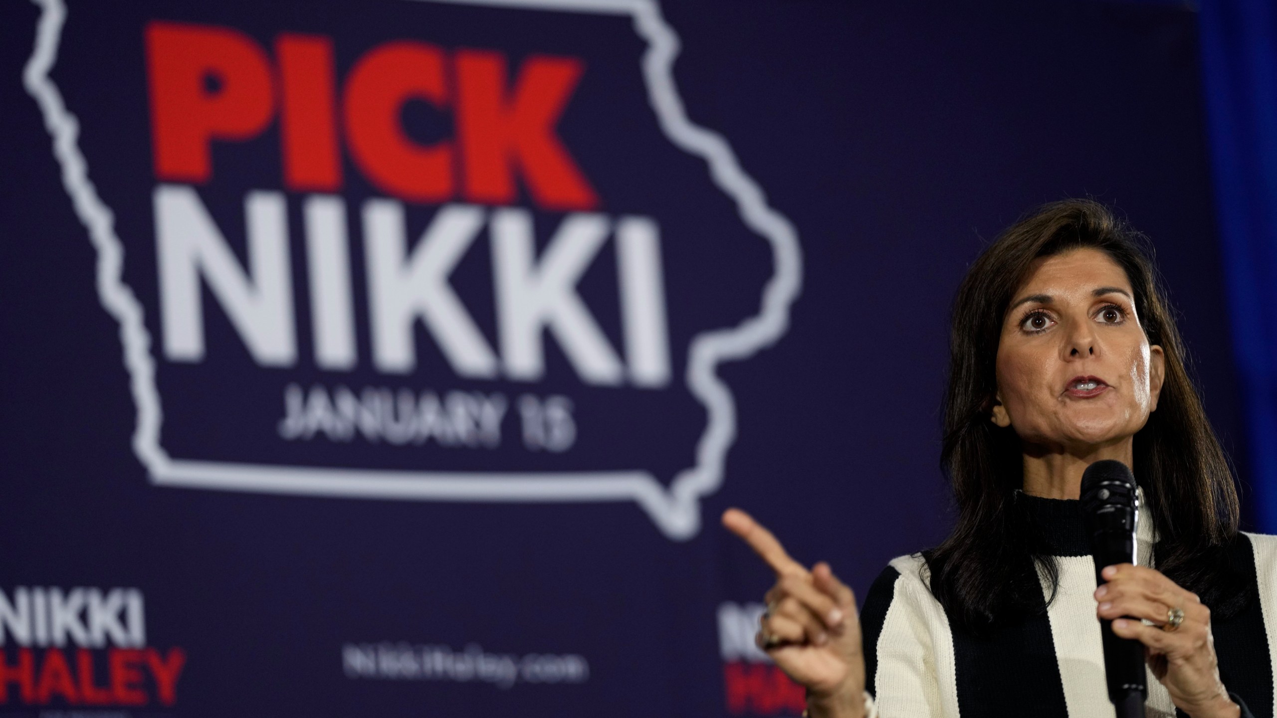 FILE - Republican presidential candidate Nikki Haley speaks during a town hall, Friday, Dec. 8, 2023, in Sioux City, Iowa. Former President Donald Trump was the first choice of 51% of likely Iowa caucus participants in a Des Moines Register-NBC News-Mediacom Iowa Poll published Monday, Dec. 11. Florida Gov. Ron DeSantis, who has vowed that he will win Iowa, had the support of 19%. Former United Nations Ambassador Nikki Haley, who has suggested she can beat DeSantis in the state and go head to head with Trump in later primaries, was at 16%. (AP Photo/Charlie Neibergall, File)