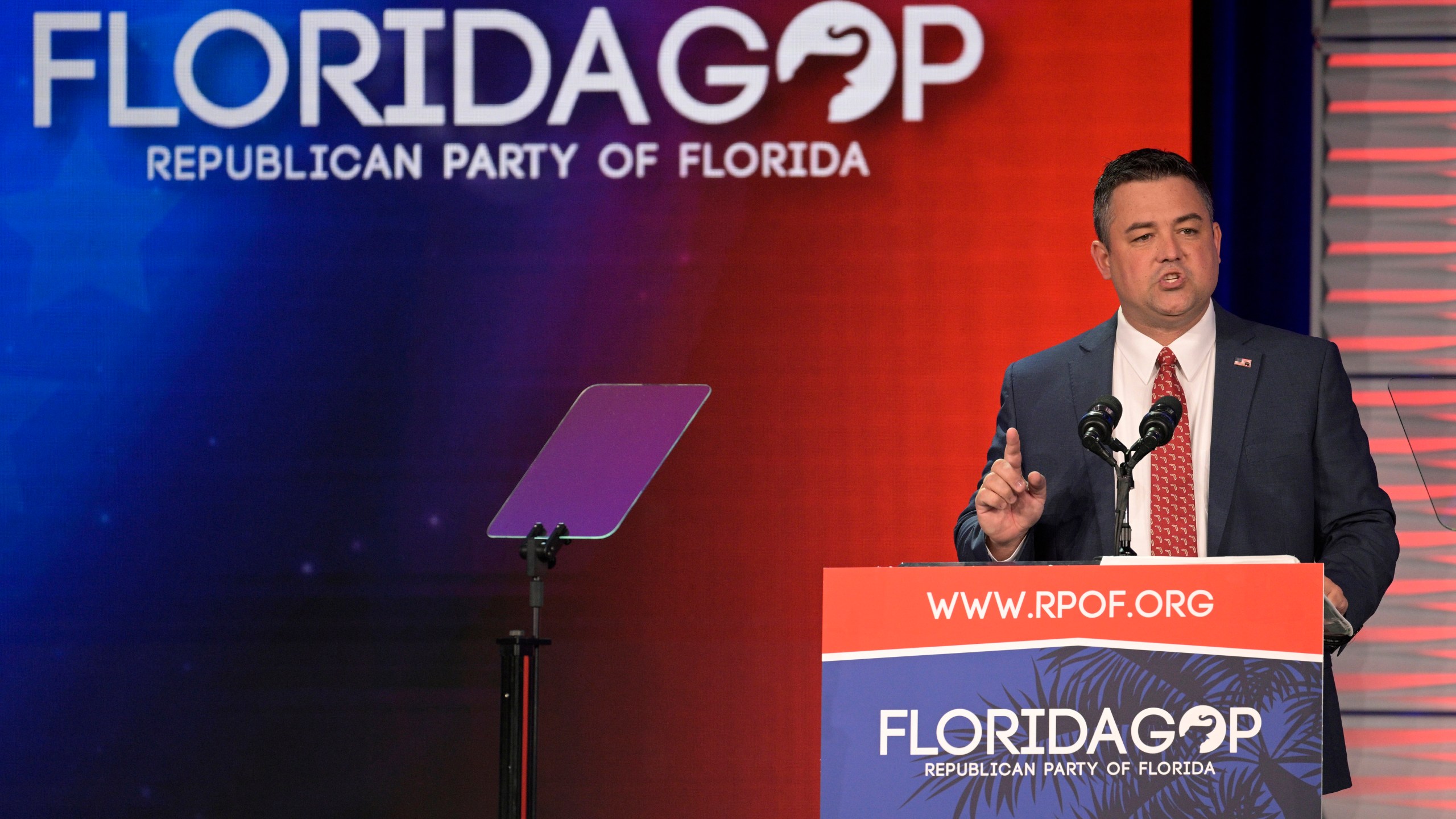 Florida Party of Florida Chairman Christian Ziegler addresses attendees at the Republican Party of Florida Freedom Summit, Nov. 4, 2023, in Kissimmee, Fla. The Republican Party of Florida suspended Ziegler and demanded his resignation during an emergency meeting Sunday, Dec. 17, adding to calls by Gov. Ron DeSantis and other top officials for him to step down as police investigate a rape accusation against him. (AP Photo/Phelan M. Ebenhack)