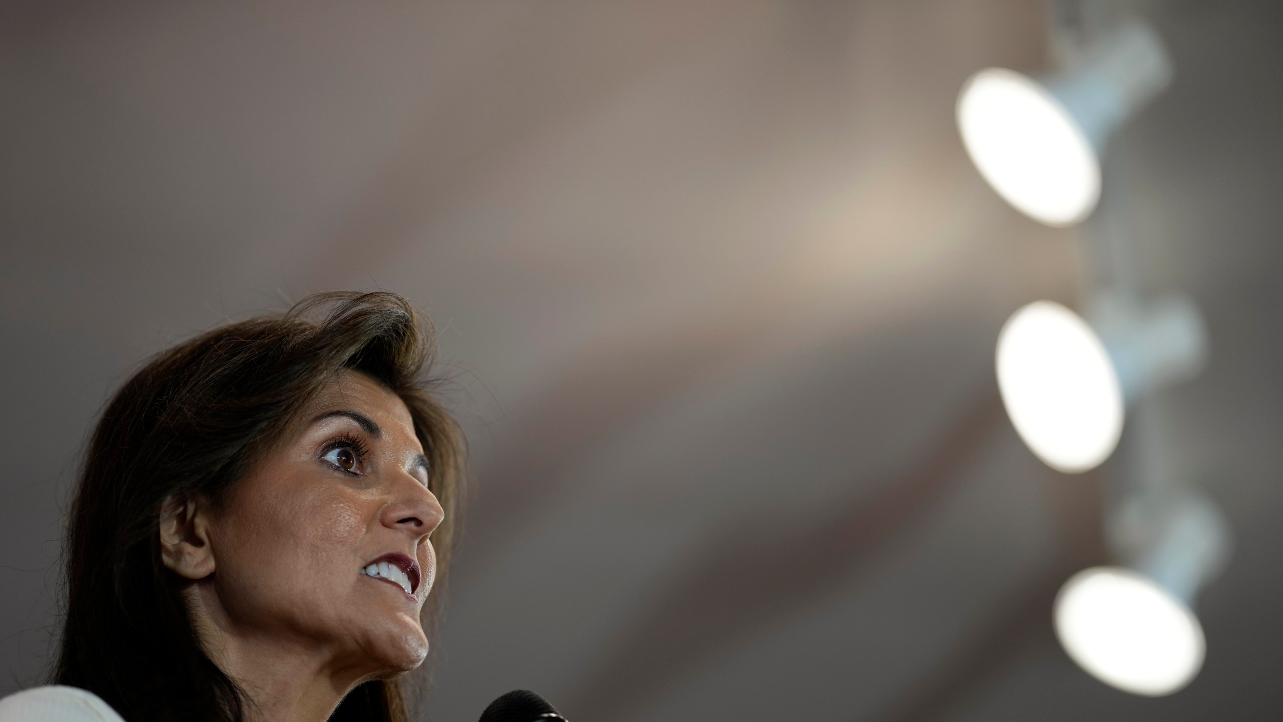 Republican presidential candidate Nikki Haley speaks during a town hall, Monday, Dec. 18, 2023, in Nevada, Iowa. (AP Photo/Charlie Neibergall)