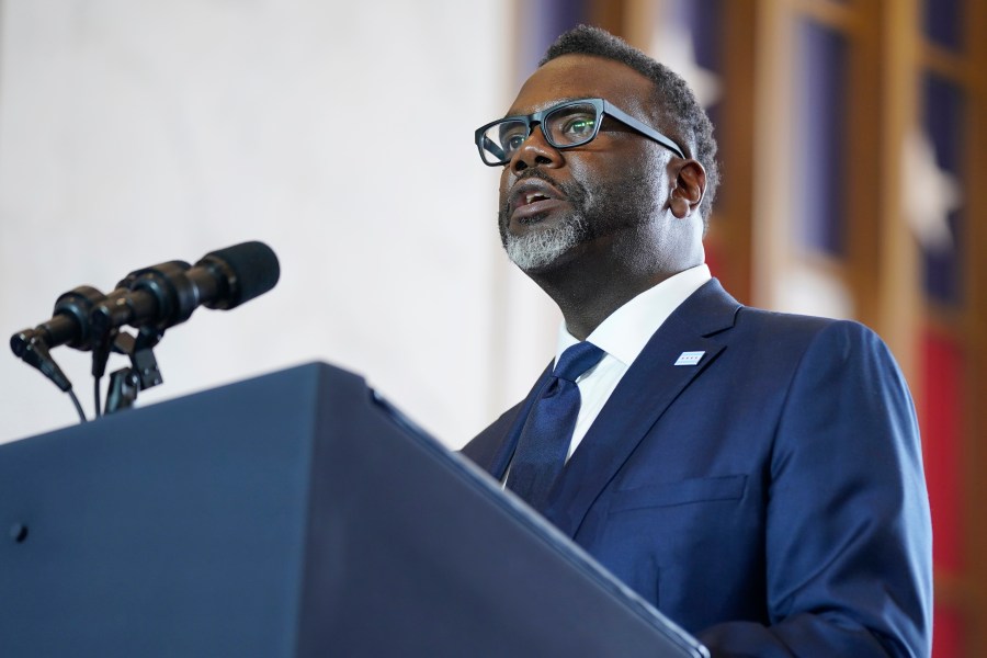 FILE - Chicago Mayor Brandon Johnson addresses the crowd before President Joe Biden delivers remarks on the economy, June 28, 2023, in Chicago. The mayors of Chicago, New York City and Denver renewed pleas Wednesday, Dec. 27, for more federal help and coordination with Texas over the growing number of asylum seekers arriving in their cities by bus and plane. (AP Photo/Evan Vucci, File)