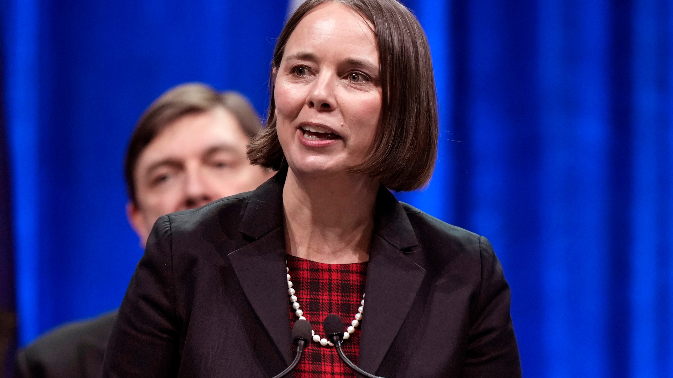 FILE - Maine Secretary of State Shenna Bellows speaks at the inauguration of Gov. Janet Mills, Jan. 4, 2023, at the Civic Center in Augusta, Maine. A swatting call was made Friday, Dec. 29, 2023, to the home of Bellows. A man called emergency services saying he broke into a house in Manchester, Maine, which turned out to be Bellows' home. No one was home at the time, and responding officers found nothing suspicious. (AP Photo/Robert F. Bukaty, File)