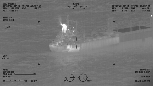 FILE - This image provided by the U.S. Coast Guard shows a reported fire aboard the 410-foot cargo vessel Genius Star XI, approximately 200 miles southwest of Dutch Harbor, Alaska, Dec. 29, 2023. The fire in the large cargo ship's hold was out Saturday, Dec. 30, after days of burning, according to the U.S. Coast Guard. (Lt.Cmdr. Michael Salerno/U.S. Coast Guard via AP, File)