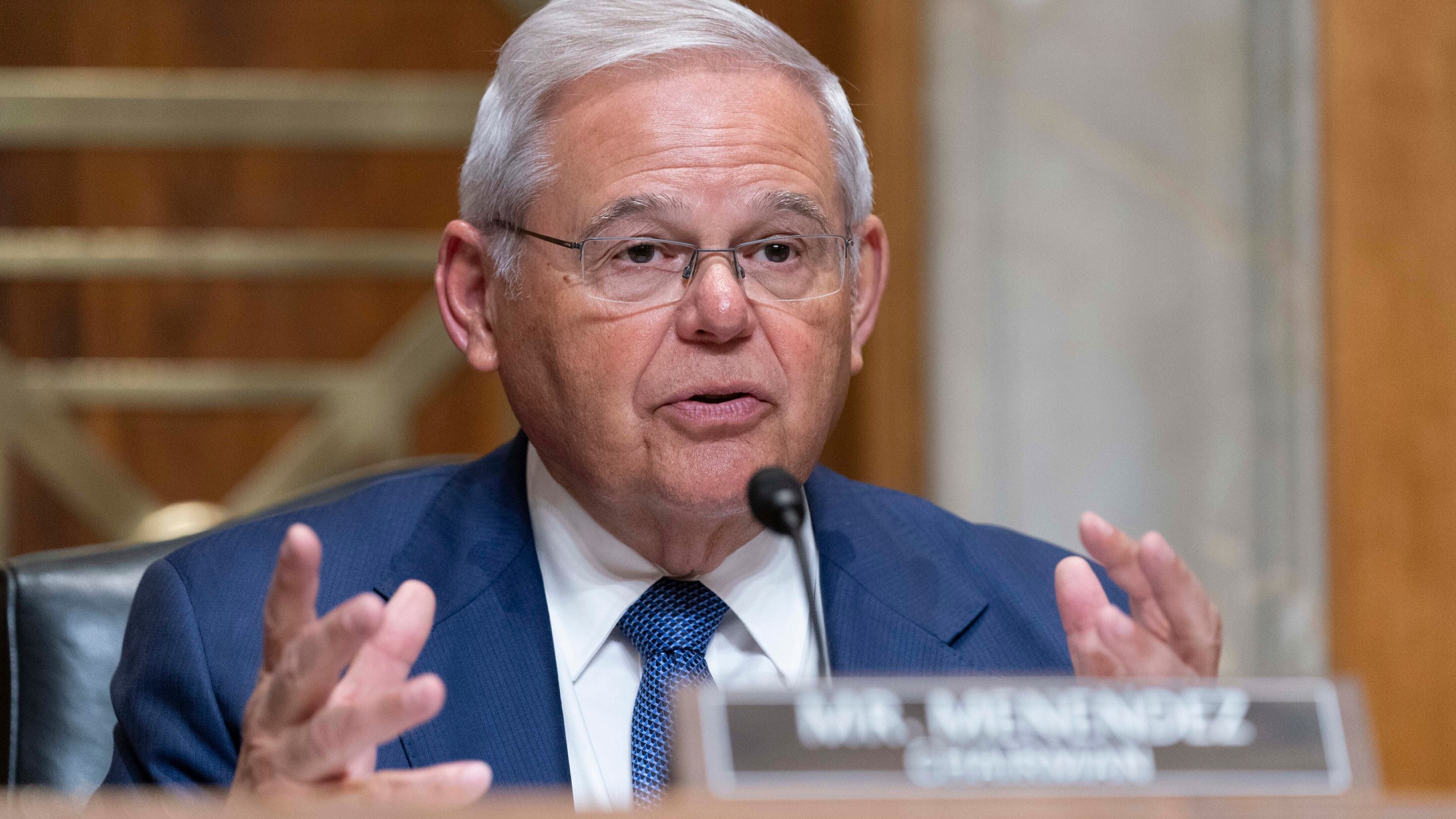 FILE - Sen. Bob Menendez, D-N.J., chair of the Senate Foreign Relations Committee speaks during Senate Foreign Relations Committee hearing on the budget request for the State Department for fiscal year 2024, on Capitol Hill, March 22, 2023, in Washington. Menendez faces a new allegation that he used clout to help businessman get deal with Qatari investment fund. (AP Photo/Jose Luis Magana, File)