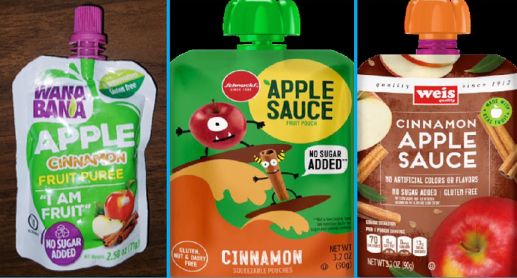 FILE - This image provided by the U.S. Food and Drug Administration on Thursday, Nov. 17, 2023, shows three recalled applesauce products - WanaBana apple cinnamon fruit puree pouches, Schnucks-brand cinnamon-flavored applesauce pouches and variety pack, and Weis-brand cinnamon applesauce pouches. U.S. health officials said Friday, Fan. 5, 2024, that recalled cinnamon applesauce pouches tied to lead poisoning in U.S. kids contained chromium, a chemical element that can be toxic. The cinnamon apple puree or applesauce pouches include those sold under the WanaBana brand at Dollar Tree stores and online and under the Schnucks and Weis brands in stores. Because they have a long shelf life, they may still be in consumers' homes. Consumers should not eat or serve the pouches and should discard them. (FDA via AP)