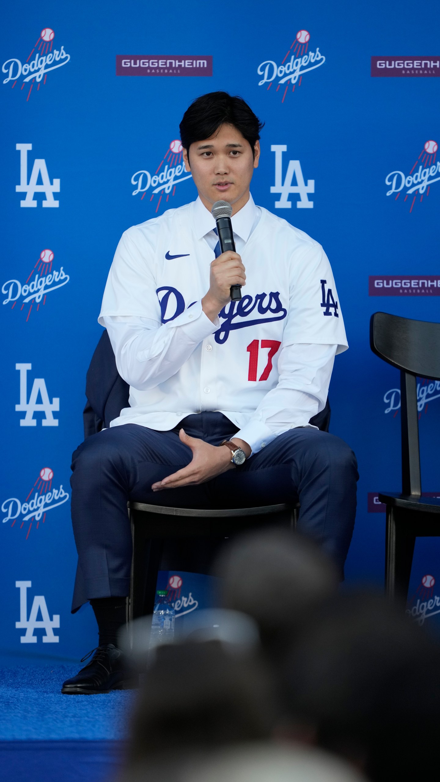 Los Angeles Dodgers' Shohei Ohtani answers questions during a baseball news conference at Dodger Stadium Thursday, Dec. 14, 2023, in Los Angeles. (AP Photo/Ashley Landis)