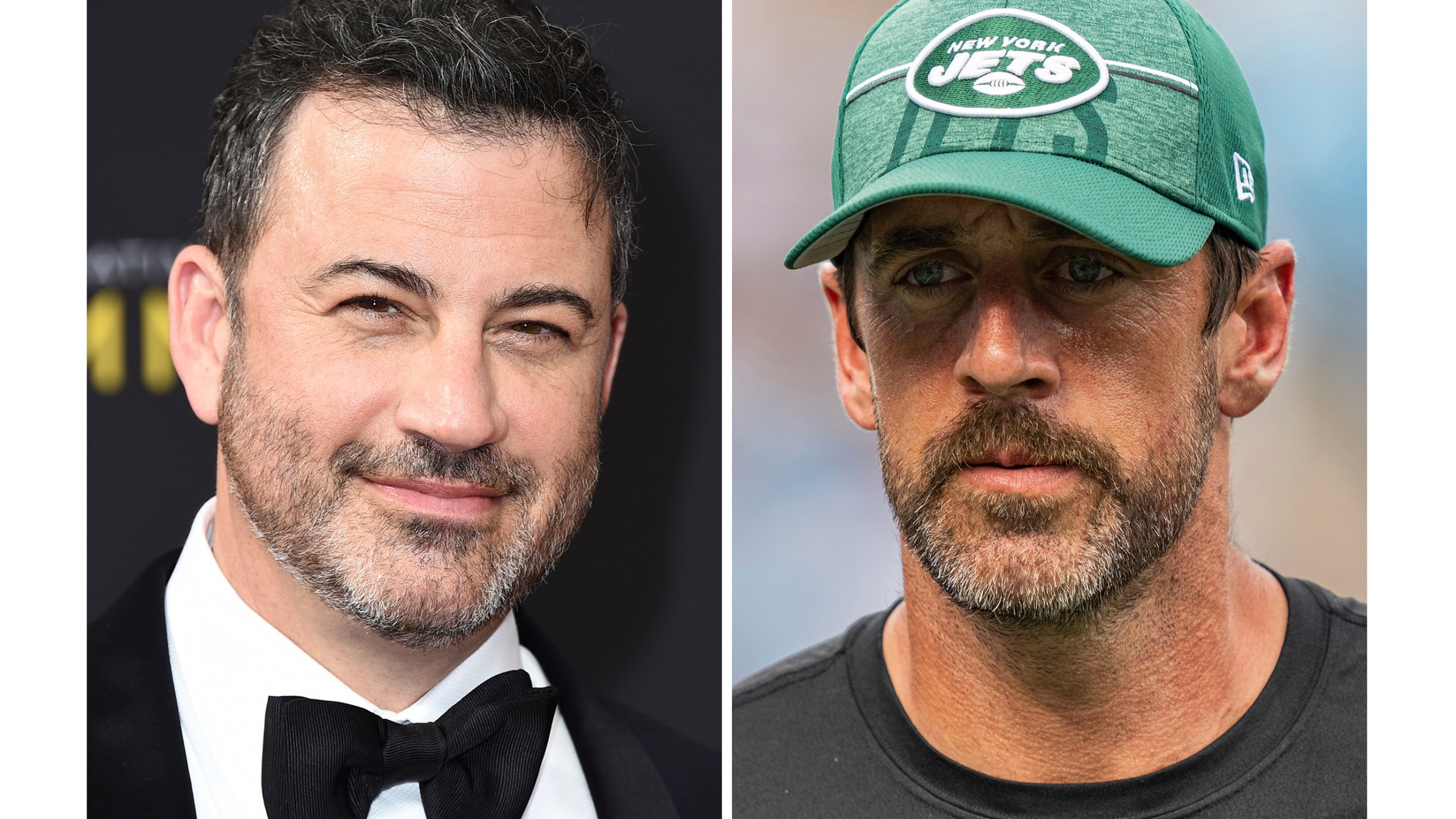 FILE - Jimmy Kimmel, left, is shown in a Sept. 14, 2019, file photo, in Los Angeles. New York Jets quarterback Aaron Rodgers, right, is shown in Aug. 12, 2023, file photo, in Charlotte, N.C. Rodgers, on Tuesday, Jan 9, 2024, denied he implied Kimmel was a pedophile and condemned those who do, but he stopped short of apologizing for his role in escalating their burgeoning feud.(Photo by Jordan Strauss/Invision for the Television Academy/AP Images, left, AP Photo/Jacob Kupferman)