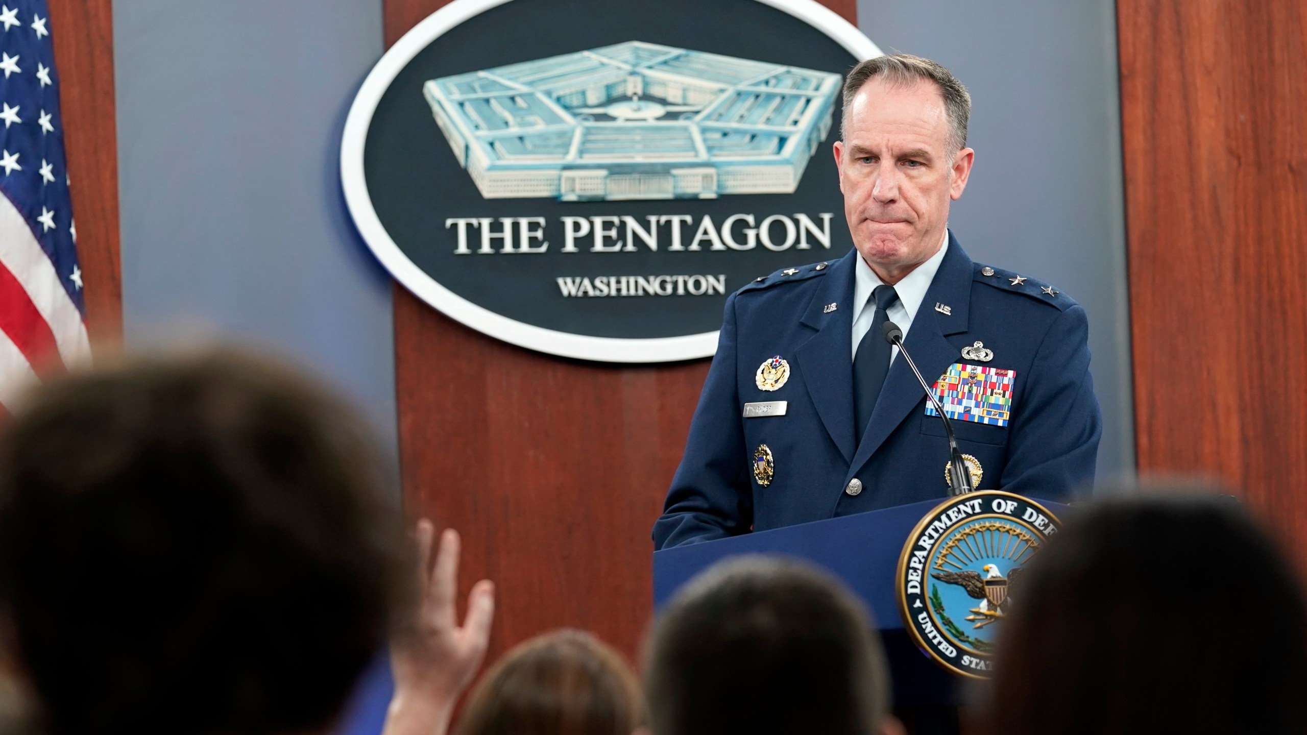 Pentagon spokesman Air Force Brig. Gen. Patrick Ryder pauses as he is asked about Defense Secretary Lloyd Austin during a briefing at the Pentagon in Washington, Tuesday, Jan. 9, 2024. (AP Photo/Susan Walsh)