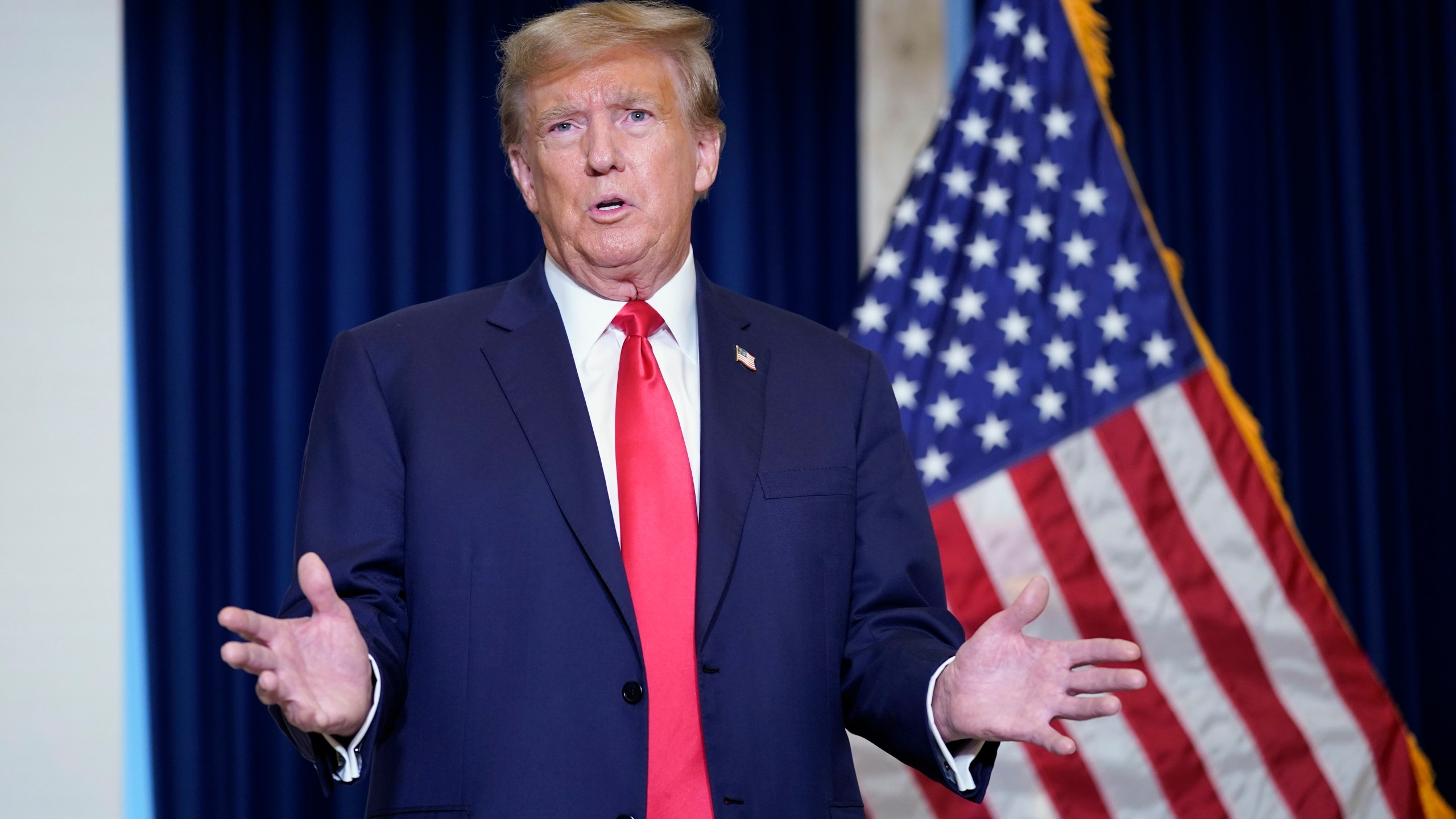 Former President Donald Trump speaks to the media at a Washington hotel, Tuesday, Jan. 9, 2024, after attending a hearing before the D.C. Circuit Court of Appeals at the federal courthouse in Washington. (AP Photo/Susan Walsh)