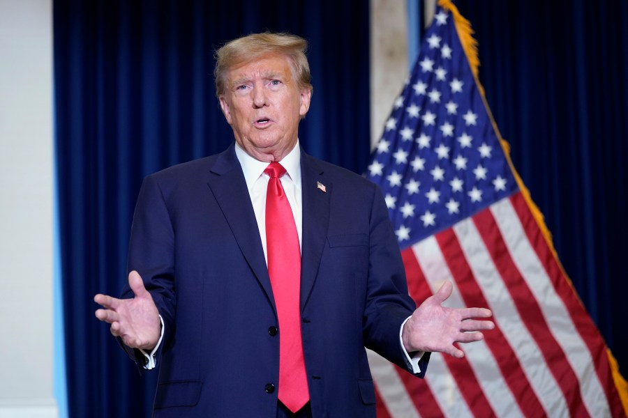 Former President Donald Trump speaks to the media at a Washington hotel, Tuesday, Jan. 9, 2024, after attending a hearing before the D.C. Circuit Court of Appeals at the federal courthouse in Washington. (AP Photo/Susan Walsh)