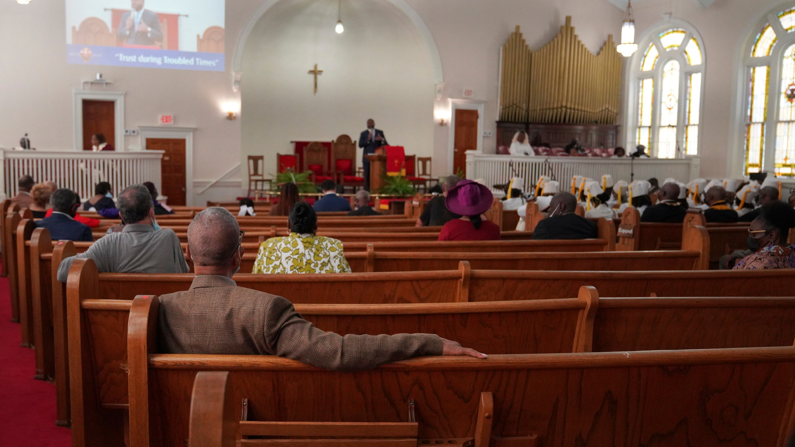 FILE - Congregants sit in largely empty pews during service at Zion Baptist Church, April 16, 2023, in Columbia, S.C. Post-pandemic burnout is at worrying levels among Christian clergy in the U.S., prompting many to think about abandoning their jobs, according to a new nationwide survey released Thursday, Jan. 11, 2024. (AP Photo/Jessie Wardarski, File)