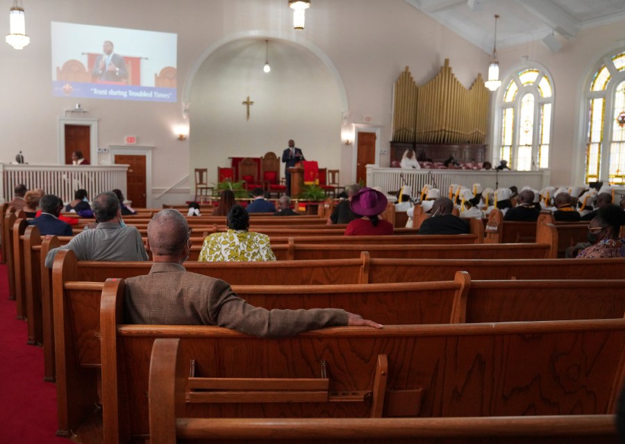 FILE - Congregants sit in largely empty pews during service at Zion Baptist Church, April 16, 2023, in Columbia, S.C. Post-pandemic burnout is at worrying levels among Christian clergy in the U.S., prompting many to think about abandoning their jobs, according to a new nationwide survey released Thursday, Jan. 11, 2024. (AP Photo/Jessie Wardarski, File)