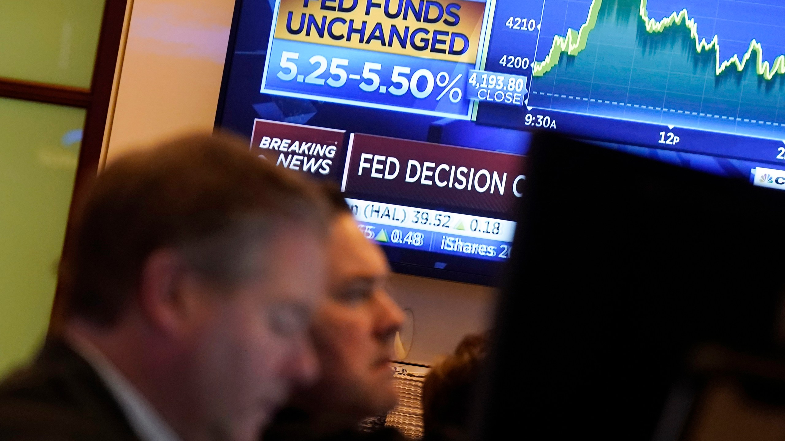 FILE - A television screen shows the rate decision of the Federal Reserve as traders work on the floor of the New York Stock Exchange, Nov. 1, 2023. Inflation has kept slowing, and the economy has withstood the strain of the accumulated higher borrowing costs. On Thursday, Jan. 11, 2024, the Labor Department is expected to report that underlying inflationary pressures eased further in December 2023. (AP Photo/Richard Drew, File)