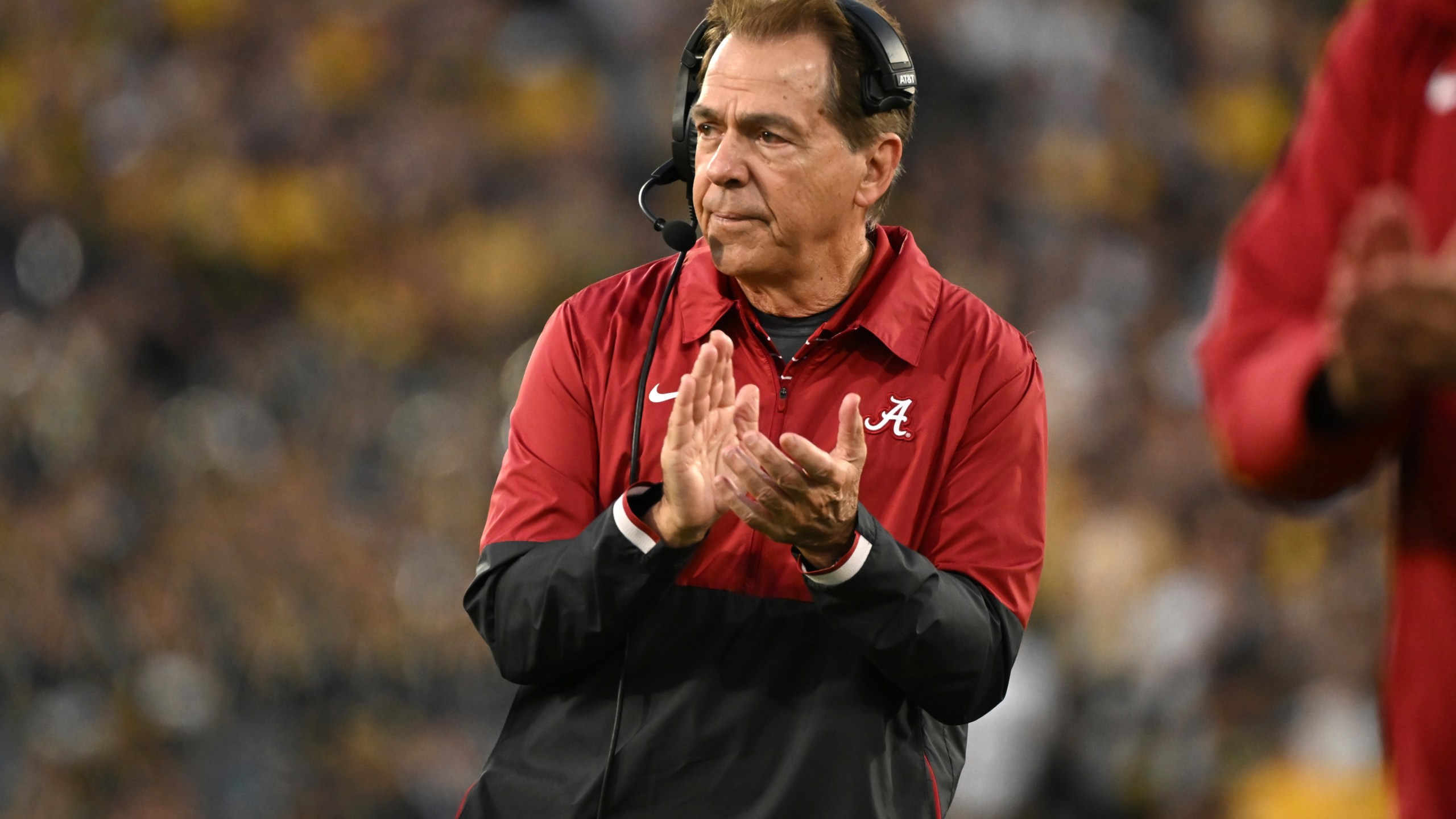 FILE - Alabama head coach Nick Saban reacts after running back Jase McClellan (2) scored a touchdown during the second half of the Rose Bowl CFP NCAA semifinal college football game against Michigan Monday, Jan. 1, 2024, in Pasadena, Calif. Nick Saban, the stern coach who won seven national championships and turned Alabama back into a national powerhouse that included six of those titles in just 17 seasons, is retiring, according to multiple reports, Wednesday, Jan. 10, 2024. (AP Photo/Kyusung Gong, File)