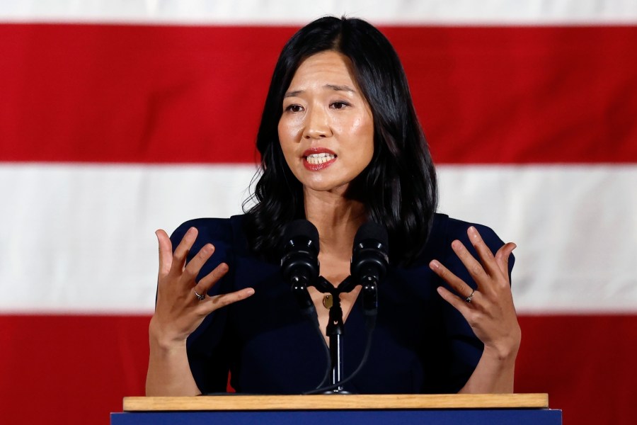 FILE - Boston Mayor Michelle Wu speaks during a Democratic election night party, Nov. 8, 2022, in Boston. A spate of false reports of shootings at the homes of public officials in recent days could be setting the stage for stricter penalties against so-called swatting in more states. Wu, U.S. Sen. Rick Scott of Florida, Georgia U.S. Rep. Marjorie Taylor Greene and Ohio Attorney General Dave Yost have been among the victims. (AP Photo/Michael Dwyer, File)