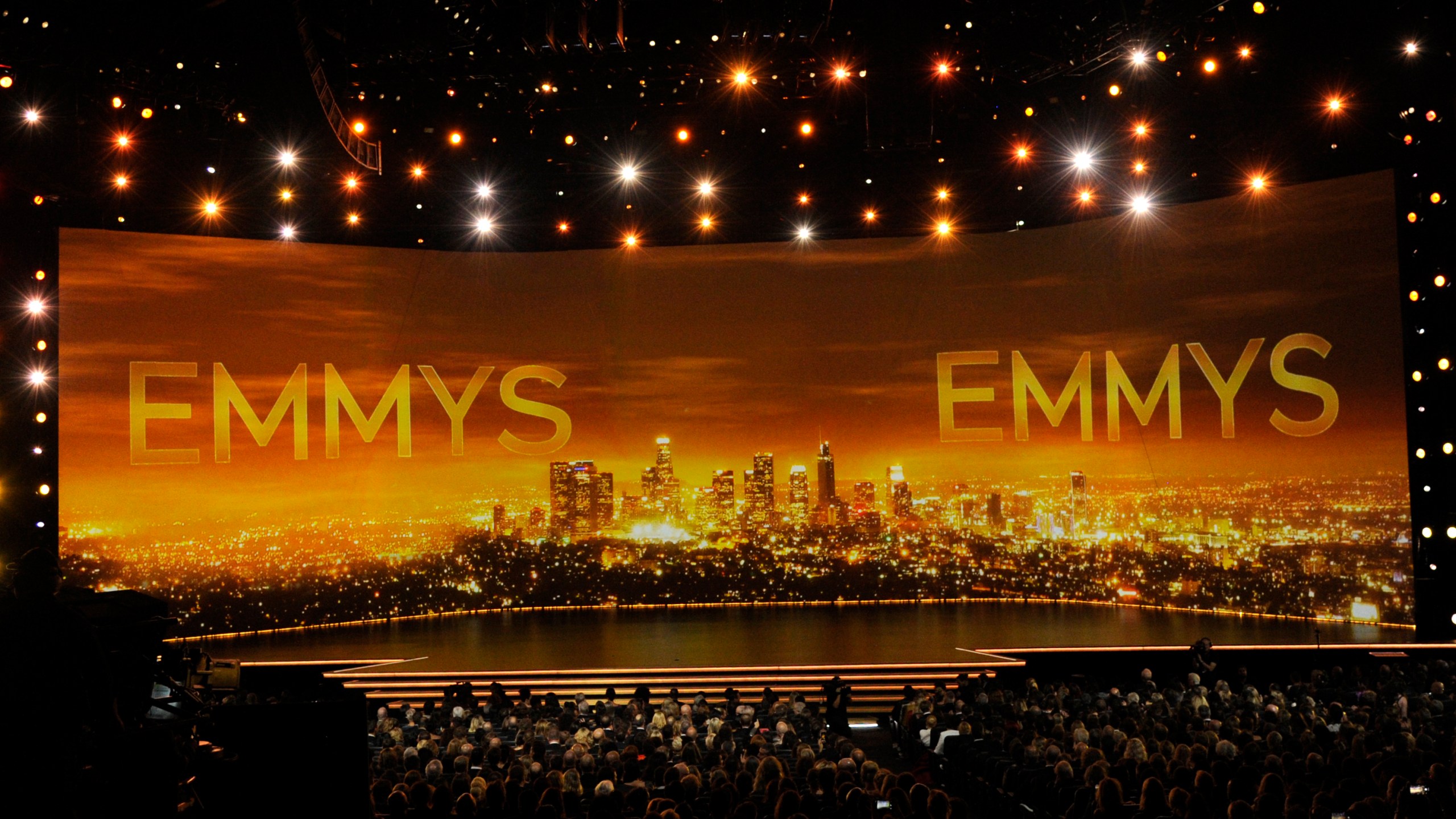 FILE - A view of the stage at the 71st Primetime Emmy Awards in Los Angeles, Sept. 22, 2019. The 75th Primetime Emmy Awards will finally be held on Jan. 15, 2024, after a fourth-month delay. The Hollywood actors and writers strikes meant that the show was delayed until Martin Luther King Day. Fox will air the ceremony live starting at 8 p.m. ET from the Peacock Theater in downtown Los Angeles.(Photo by Chris Pizzello/Invision/AP, File)