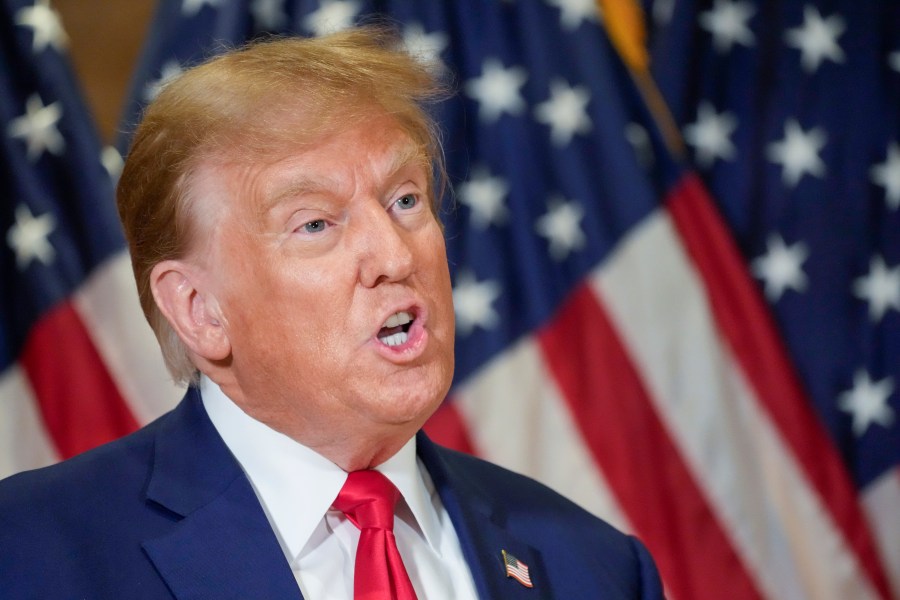 FILE - Former President Donald Trump speaks during a news conference, Thursday, Jan. 11, 2024, in New York. Oregon's Supreme Court on Friday, Jan. 12 kept Trump on the state's primary ballot, declining to wade into the legal chaos over whether he's disqualified to be president until the U.S. Supreme Court rules on a similar case out of Colorado.(AP Photo/Mary Altaffer, File)