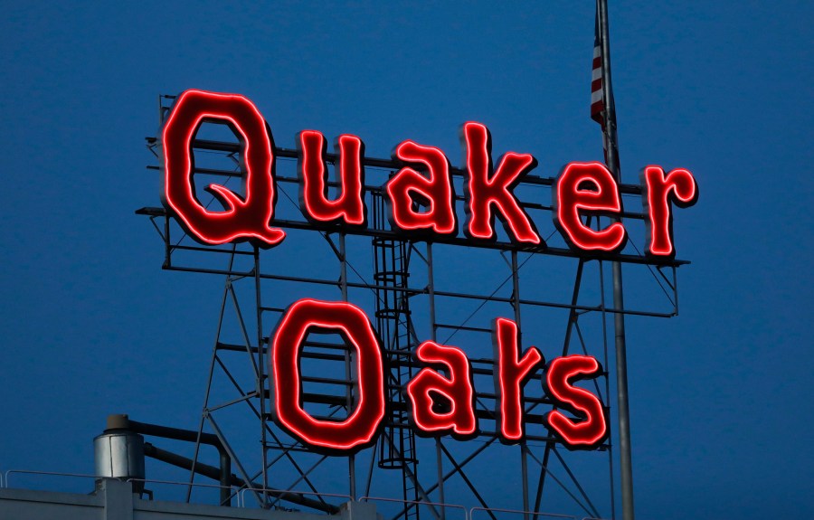 FILE - The Quaker Oats sign is seen in Cedar Rapids, Iowa on Tuesday, June 8, 2021. The Quaker Oats Company has expanded a December recall of more than 40 products that may be contaminated with salmonella to include two dozen additional types of granola bars, cereals and snack foods, Friday, Jan. 12, 2023. (Rebecca F. Miller/The Gazette via AP, File)