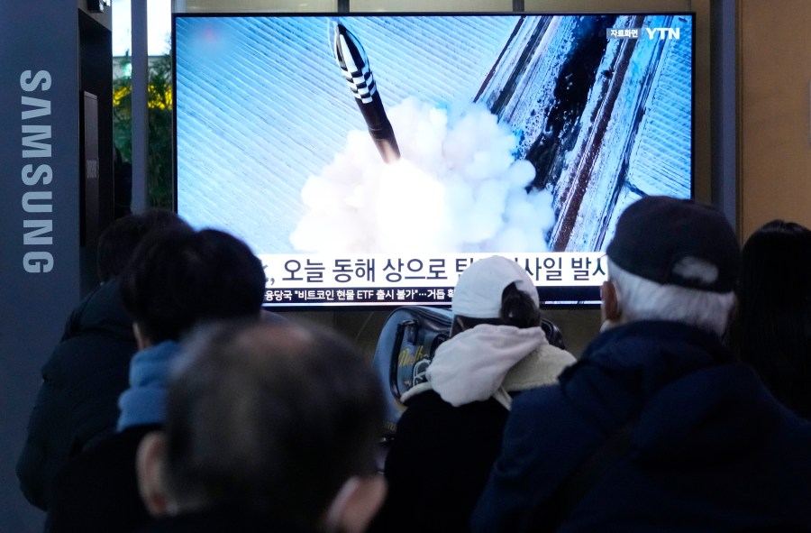 A TV screen shows a file image of North Korea's missile launch during a news program at the Seoul Railway Station in Seoul, South Korea, Sunday, Jan. 14, 2024. North Korea fired a ballistic missile toward the sea on Sunday, its neighbors said, in its first missile launch this year, as the North is expected to further raise regional animosities in an election year for its rivals South Korea and the United States. (AP Photo/Ahn Young-joon)