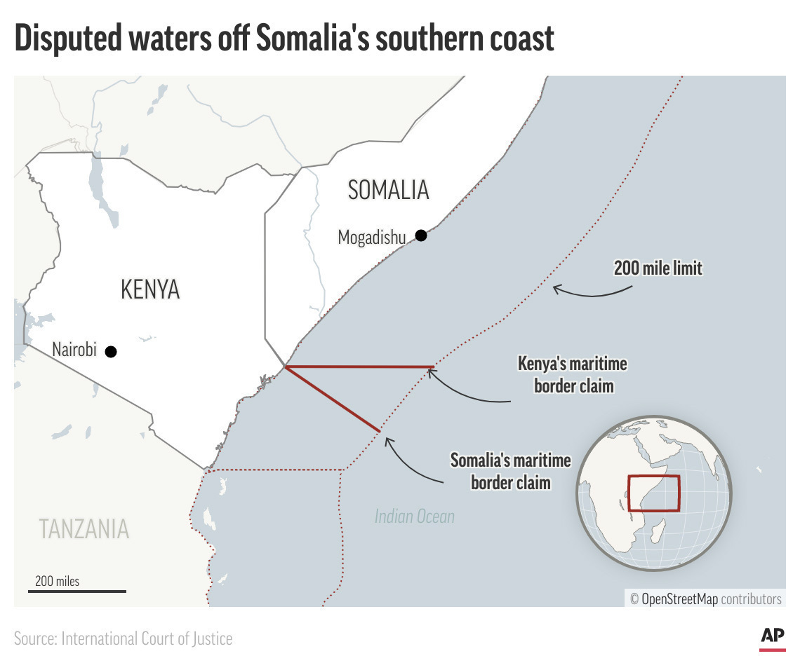 Map shows the Kenya-Somalia coastline and disputed area. A U.S. official says Navy ships and aircraft are combing areas of the Gulf of Aden for two missing U.S. Navy SEALs as details emerge about their mission. The SEALs were trying to board and take over a vessel carrying components for medium-range Iranian ballistic missiles headed for Somalia days ago. The official said Monday, Jan. 15, 2024, crew on the boat were planning to transfer missile parts including warheads and engines to another boat off the coast of Somalia.