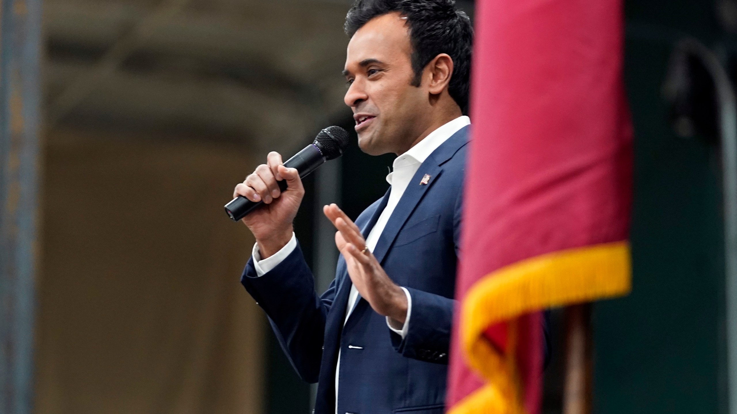 Republican presidential candidate businessman Vivek Ramaswamy speaks at a caucus site at Horizon Events Center, in Clive, Iowa, Monday, Jan. 15, 2024. (AP Photo/Andrew Harnik)