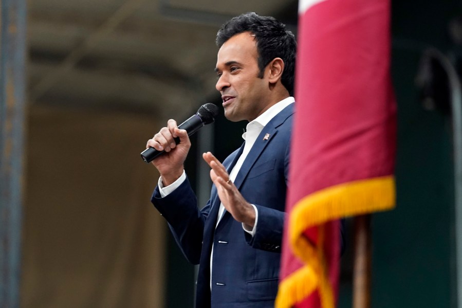 Republican presidential candidate businessman Vivek Ramaswamy speaks at a caucus site at Horizon Events Center, in Clive, Iowa, Monday, Jan. 15, 2024. (AP Photo/Andrew Harnik)