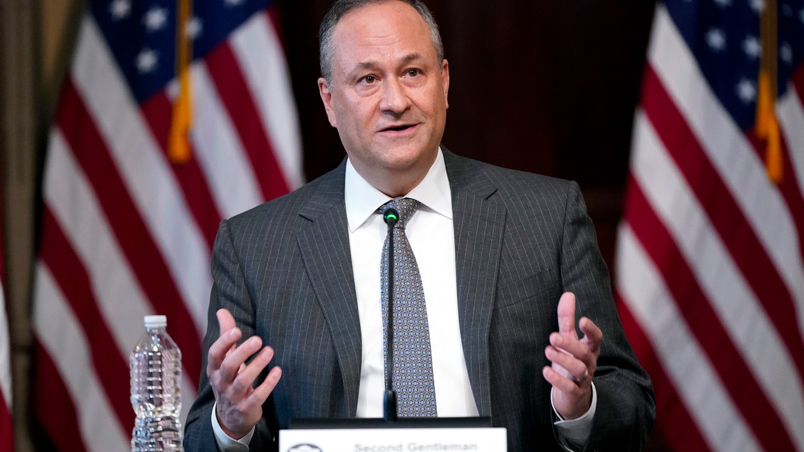 FILE - Doug Emhoff, the husband of Vice President Kamala Harris, attends a roundtable discussion with Jewish leaders about the rise in antisemitism and efforts to fight hate in the United States in the Eisenhower Executive Office Building on the White House Campus in Washington, Dec. 7, 2022. Emhoff, the husband of Vice President Kamala Harris, is taking his advocacy against antisemitism, Islamophobia and other forms of hate to the Swiss Alps. Aides tell The Associated Press that Emhoff will attend the World Economic Forum in Davos, Switzerland, this week. (AP Photo/Patrick Semansky, File)