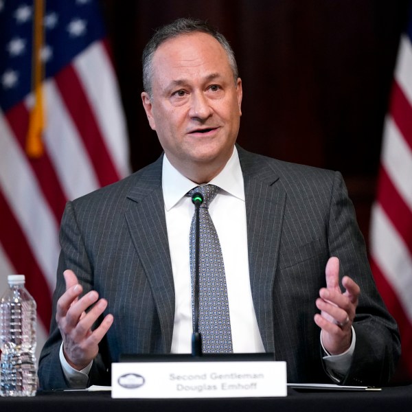 FILE - Doug Emhoff, the husband of Vice President Kamala Harris, attends a roundtable discussion with Jewish leaders about the rise in antisemitism and efforts to fight hate in the United States in the Eisenhower Executive Office Building on the White House Campus in Washington, Dec. 7, 2022. Emhoff, the husband of Vice President Kamala Harris, is taking his advocacy against antisemitism, Islamophobia and other forms of hate to the Swiss Alps. Aides tell The Associated Press that Emhoff will attend the World Economic Forum in Davos, Switzerland, this week. (AP Photo/Patrick Semansky, File)