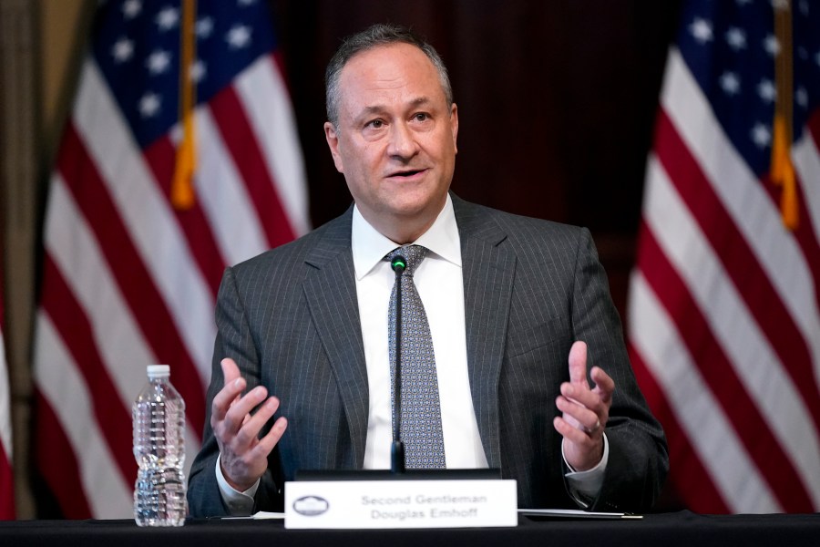 FILE - Doug Emhoff, the husband of Vice President Kamala Harris, attends a roundtable discussion with Jewish leaders about the rise in antisemitism and efforts to fight hate in the United States in the Eisenhower Executive Office Building on the White House Campus in Washington, Dec. 7, 2022. Emhoff, the husband of Vice President Kamala Harris, is taking his advocacy against antisemitism, Islamophobia and other forms of hate to the Swiss Alps. Aides tell The Associated Press that Emhoff will attend the World Economic Forum in Davos, Switzerland, this week. (AP Photo/Patrick Semansky, File)