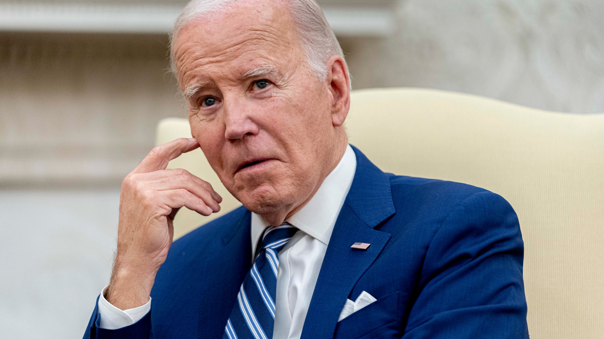 FILE - President Joe Biden holds a meeting in the Oval Office of the White House, Nov. 13, 2023, in Washington. Biden has invited the top four congressional leaders and other lawmakers to the White House on Wednesday, Jan. 17, 2024, as members have struggled to reach agreement on aid for the Ukraine war. (AP Photo/Andrew Harnik, File)