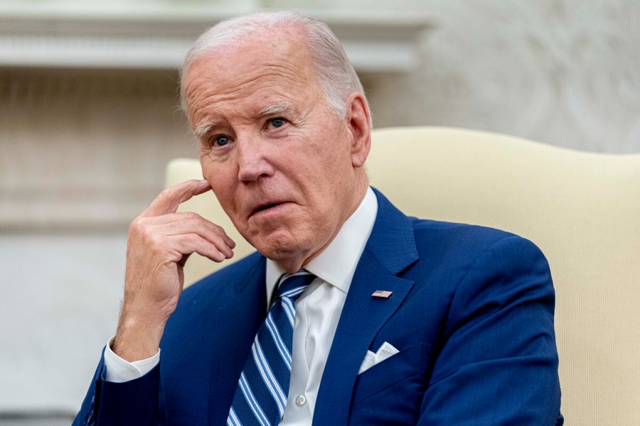 FILE - President Joe Biden holds a meeting in the Oval Office of the White House, Nov. 13, 2023, in Washington. Biden has invited the top four congressional leaders and other lawmakers to the White House on Wednesday, Jan. 17, 2024, as members have struggled to reach agreement on aid for the Ukraine war. (AP Photo/Andrew Harnik, File)