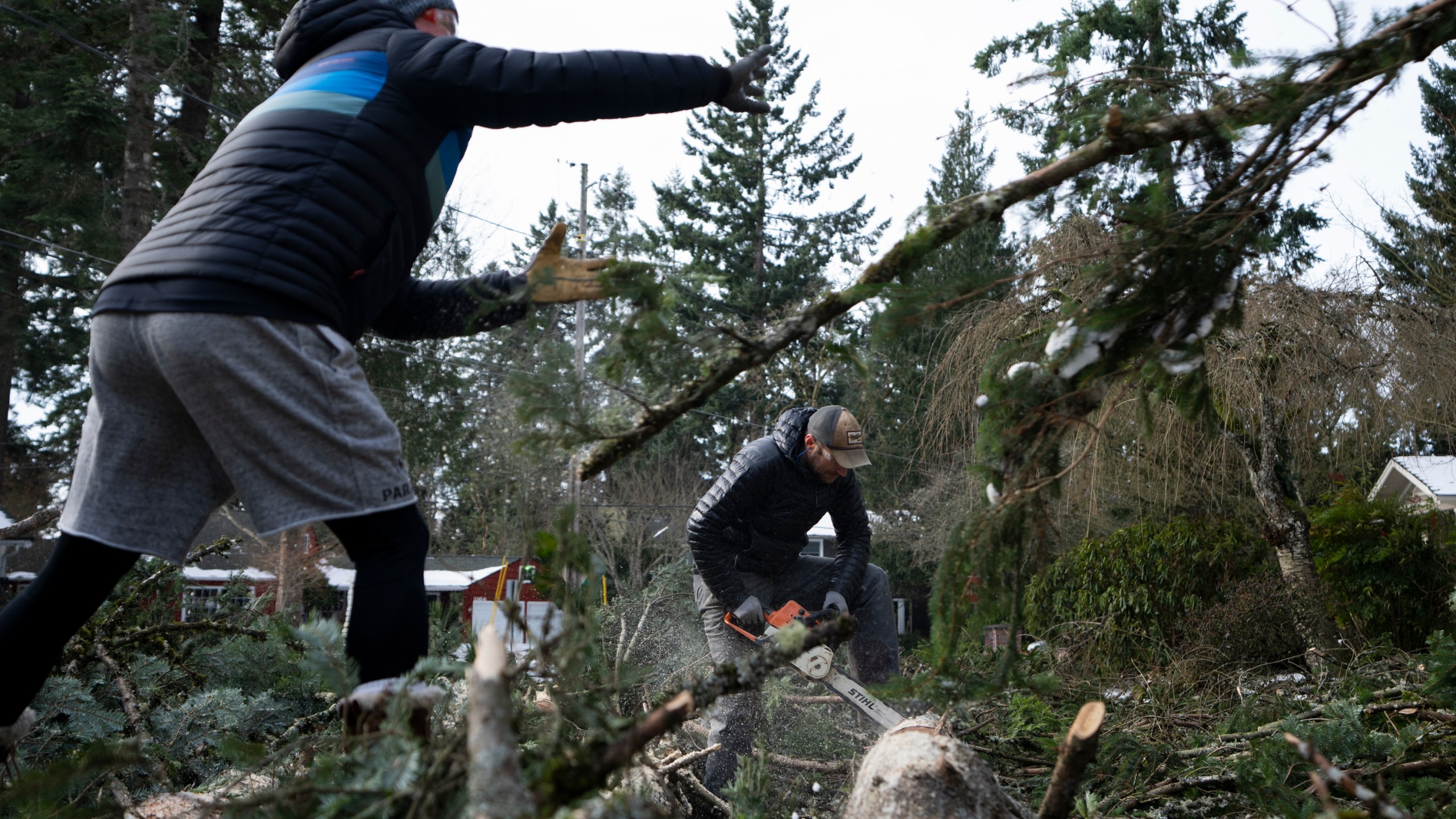 Justin Brooks, center, and Marc Reich, work on clearing trees that fell around Brooks' home on Tuesday, Jan. 16, 2024, in Lake Oswego, Ore. (AP Photo/Jenny Kane)