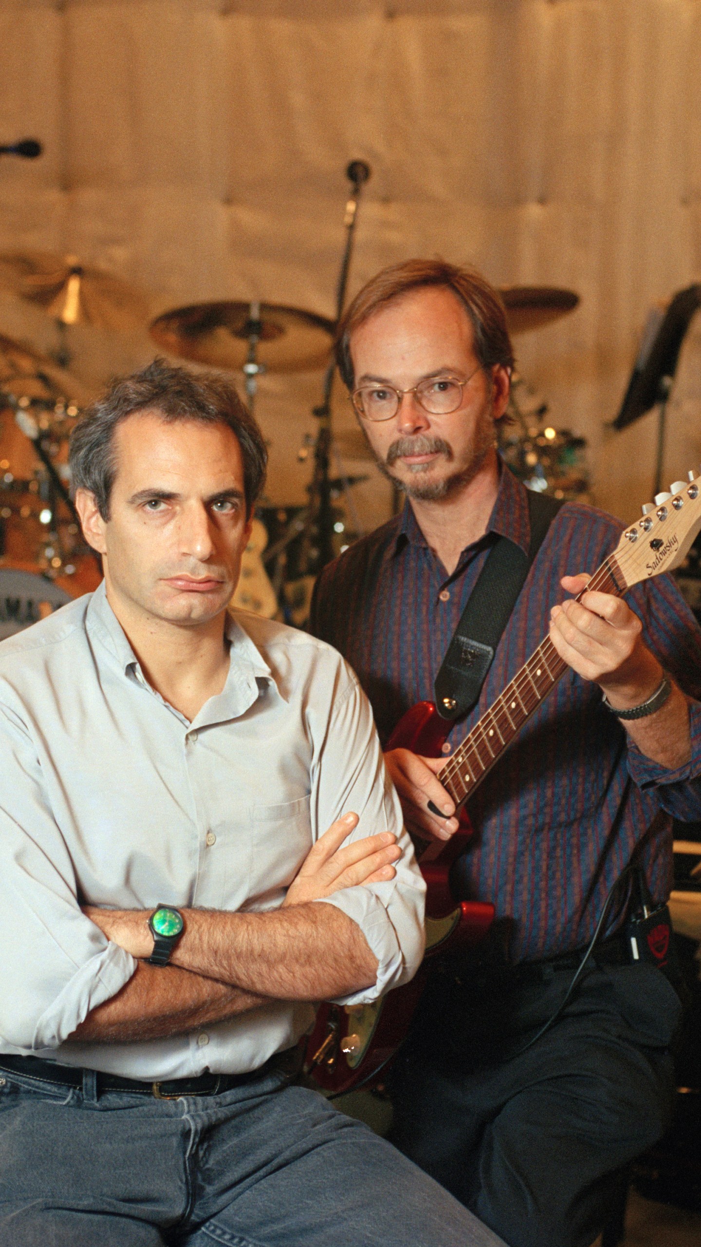 FILE - Donald Fagen, left, and Walter Becker of Steely Dan pose at New York's S.I.R. Studios on Aug. 5, 1993, before a rehearsal for their upcoming tour. Becker died in 2017. Steely Dan, R.E.M., Timbaland, Hillary Lindsey and Dean Pitchford will be inducted into the Songwriters Hall of Fame. The induction ceremony will be held on June 13 in New York. (AP Photo/Richard Drew, File)