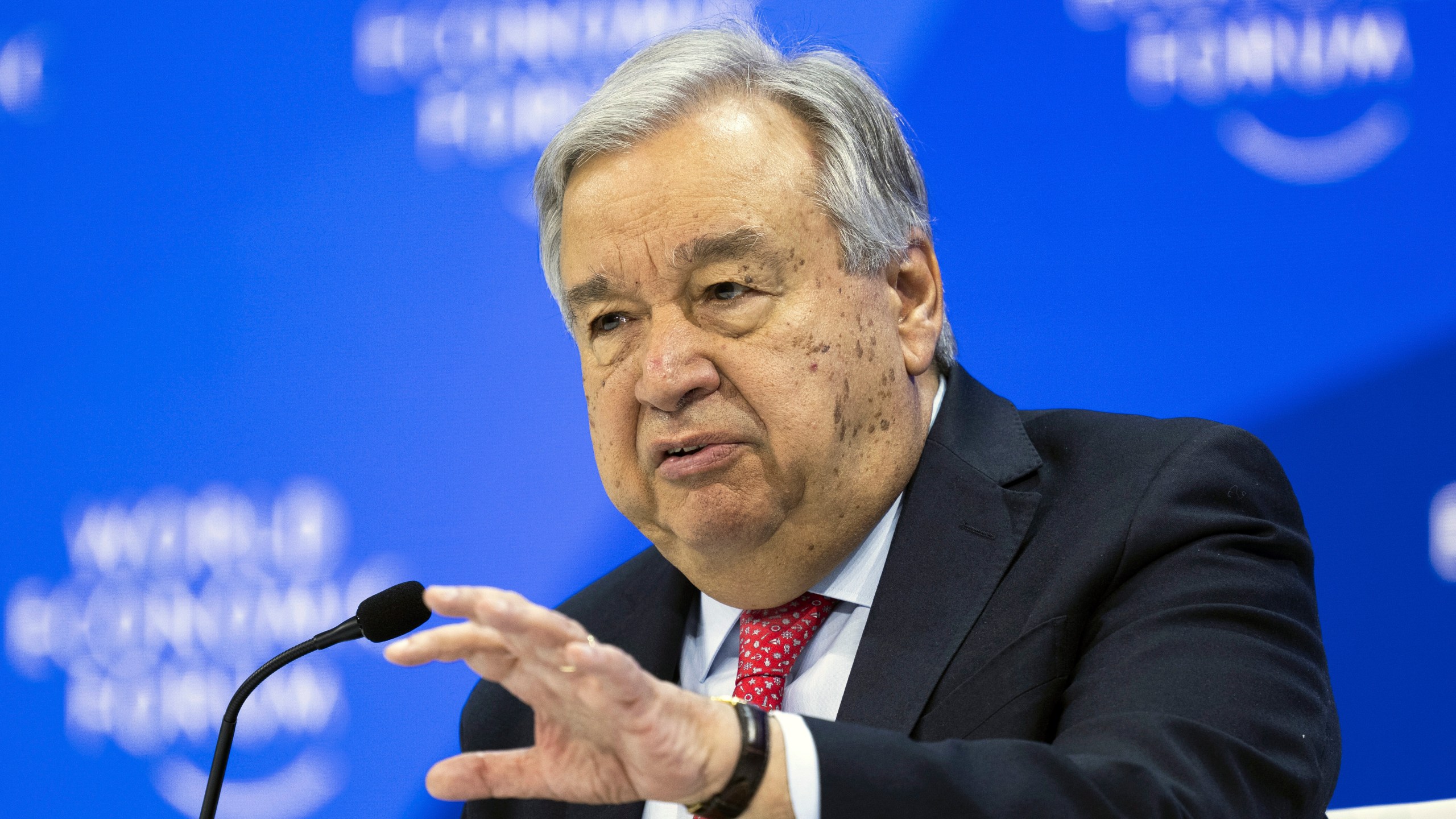 Antonio Guterres, Secretary-General, United Nations, speaks during the plenary session at the Congress Hall during the 54th annual meeting of the World Economic Forum, WEF, in Davos, Switzerland, Wednesday, Jan. 17, 2024. (Gian Ehrenzeller/Keystone via AP)