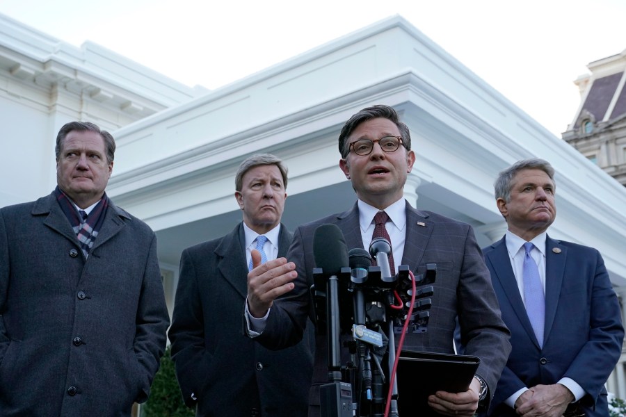 House Speaker Mike Johnson of La., second from right, flanked by, from left, Rep. Mike Turner, R-Ohio, Rep. Mike Rogers, R-Ala., and Rep. Mike McCaul, R-Texas., speaks to reporters outside the West Wing of the White House in Washington, Wednesday, Jan. 17, 2024, following their meeting with President Joe Biden. (AP Photo/Susan Walsh)