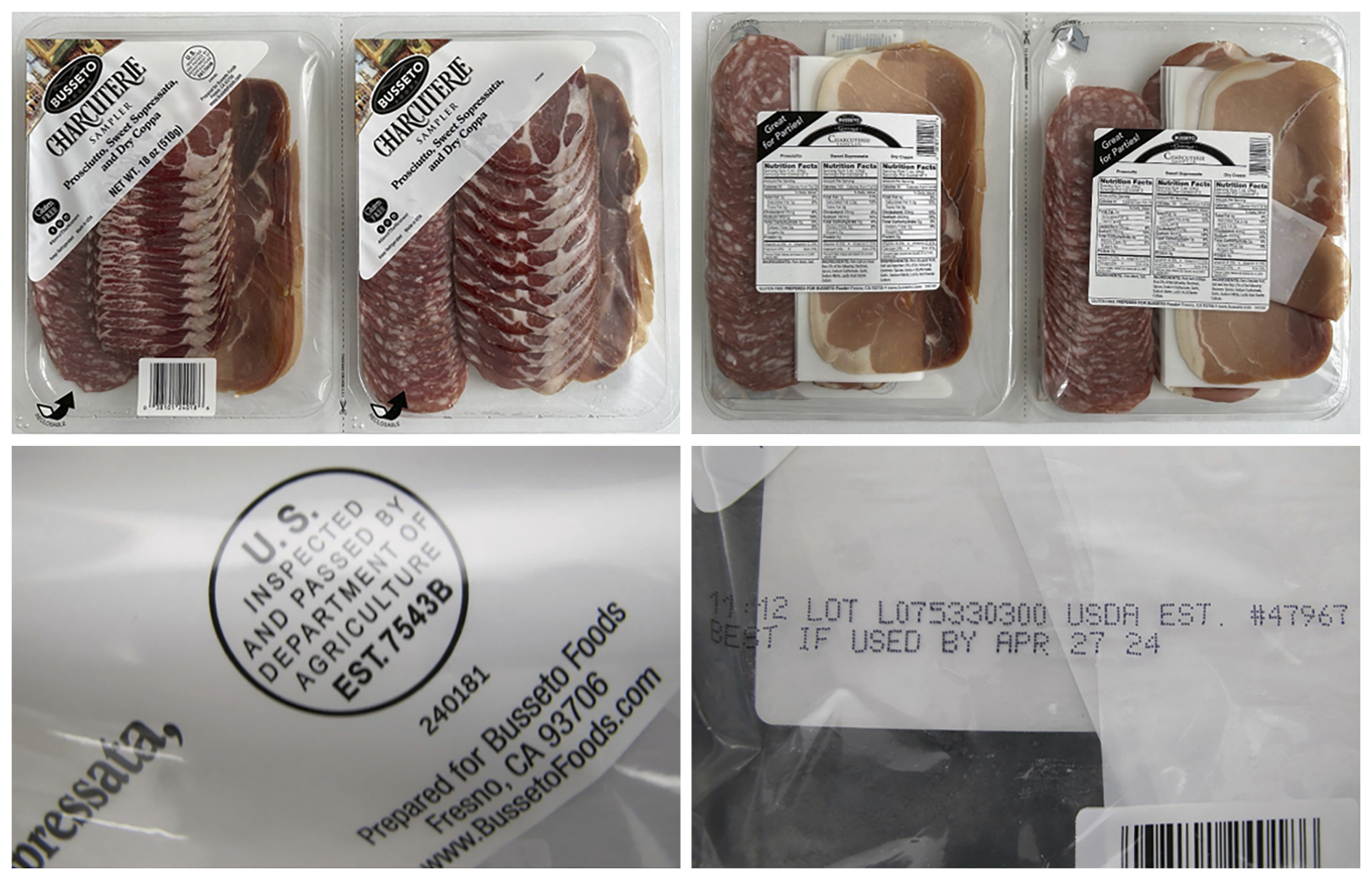 FILE - This combination of photos provided by the U.S. Centers for Disease Control and Prevention on Jan. 5, 2024, shows different views of a Busseto charcuterie sampler with prosciutto, sweet sopressata and dry coppa. On Thursday, Jan. 18, federal health officials expanded a warning about salmonella poisoning tied to charcuterie meat snack trays sold at Sam's Club and Costco stores as several people have been sickened or hospitalized after eating Busseto brand and Fratelli Beretta brand meats (U.S. Centers for Disease Control and Prevention via AP, File)