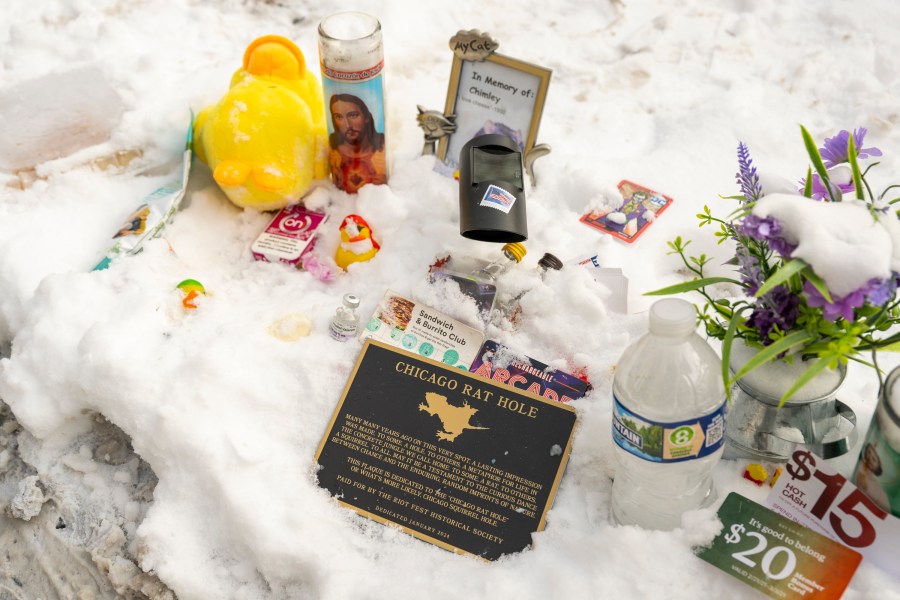 Some of the offerings are left out for Chicago's iconic Rat Hole in the 1900 block of West Roscoe Street in the Roscoe Village neighborhood, Friday, Jan. 19, 2024 in Chicago. (Tyler Pasciak LaRiviere /Chicago Sun-Times via AP)